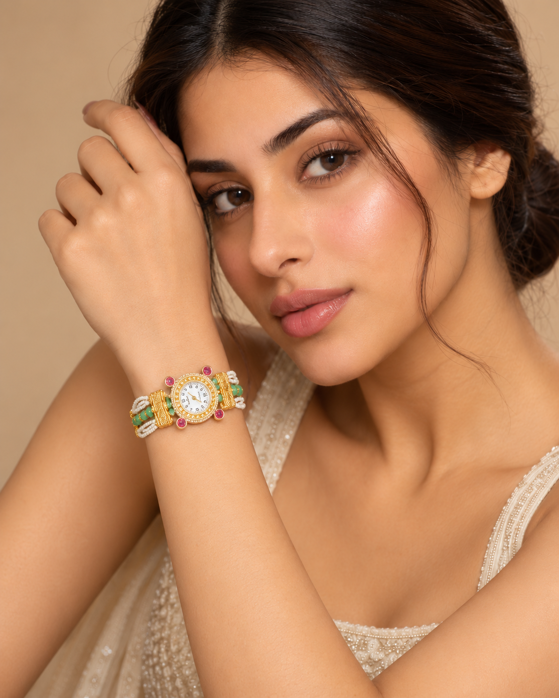 Pearl Bead Jewelry Watch for Women - Gold Tone Indian Bracelet Watch — Jewellery — view 2 | Lehar Clothing UAE
