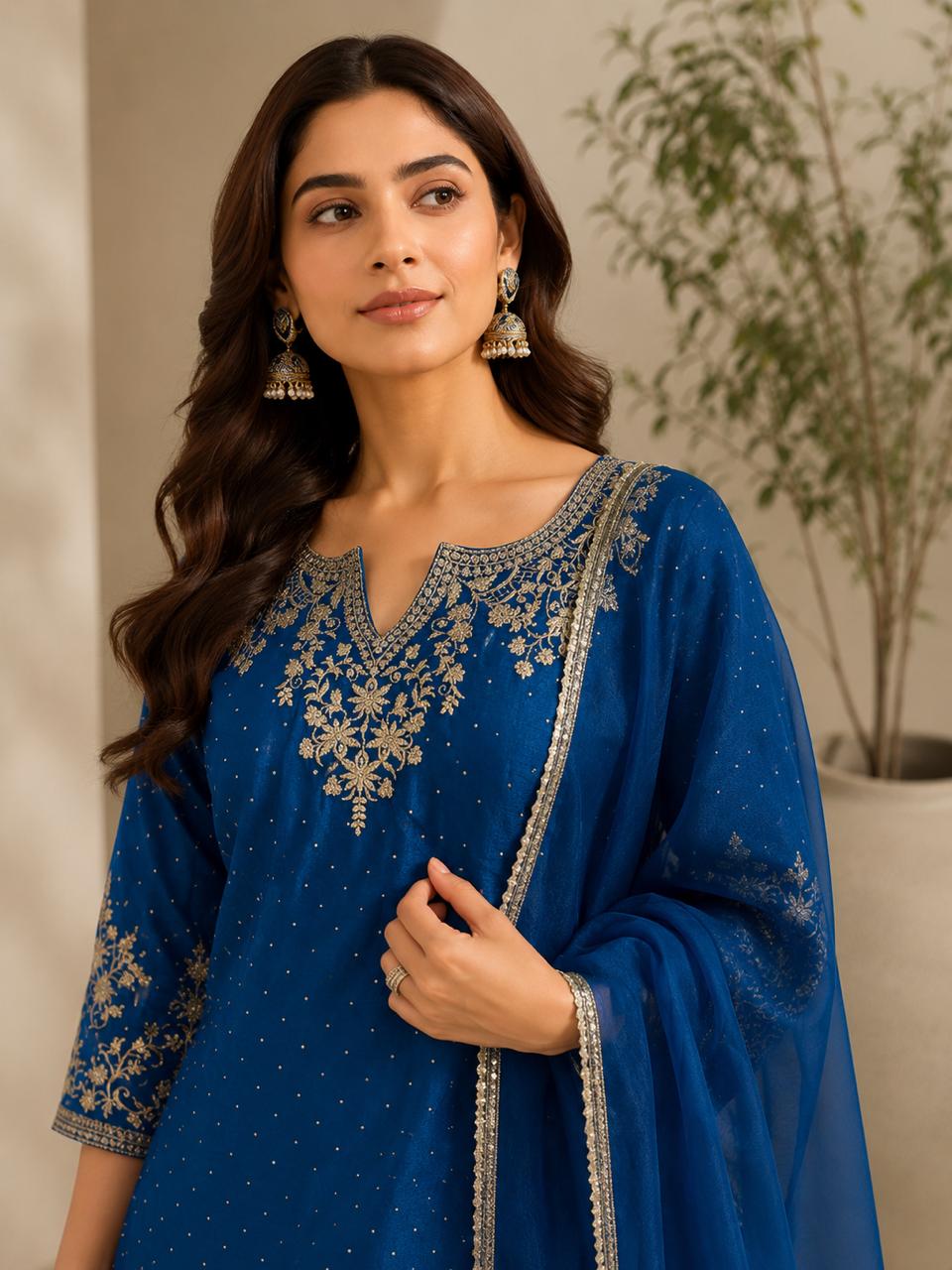 Royal Blue Embroidered Cotton Blend Kurta Sharara Set with Organza Dupatta — Sharara Set — view 2 | Lehar Clothing UAE