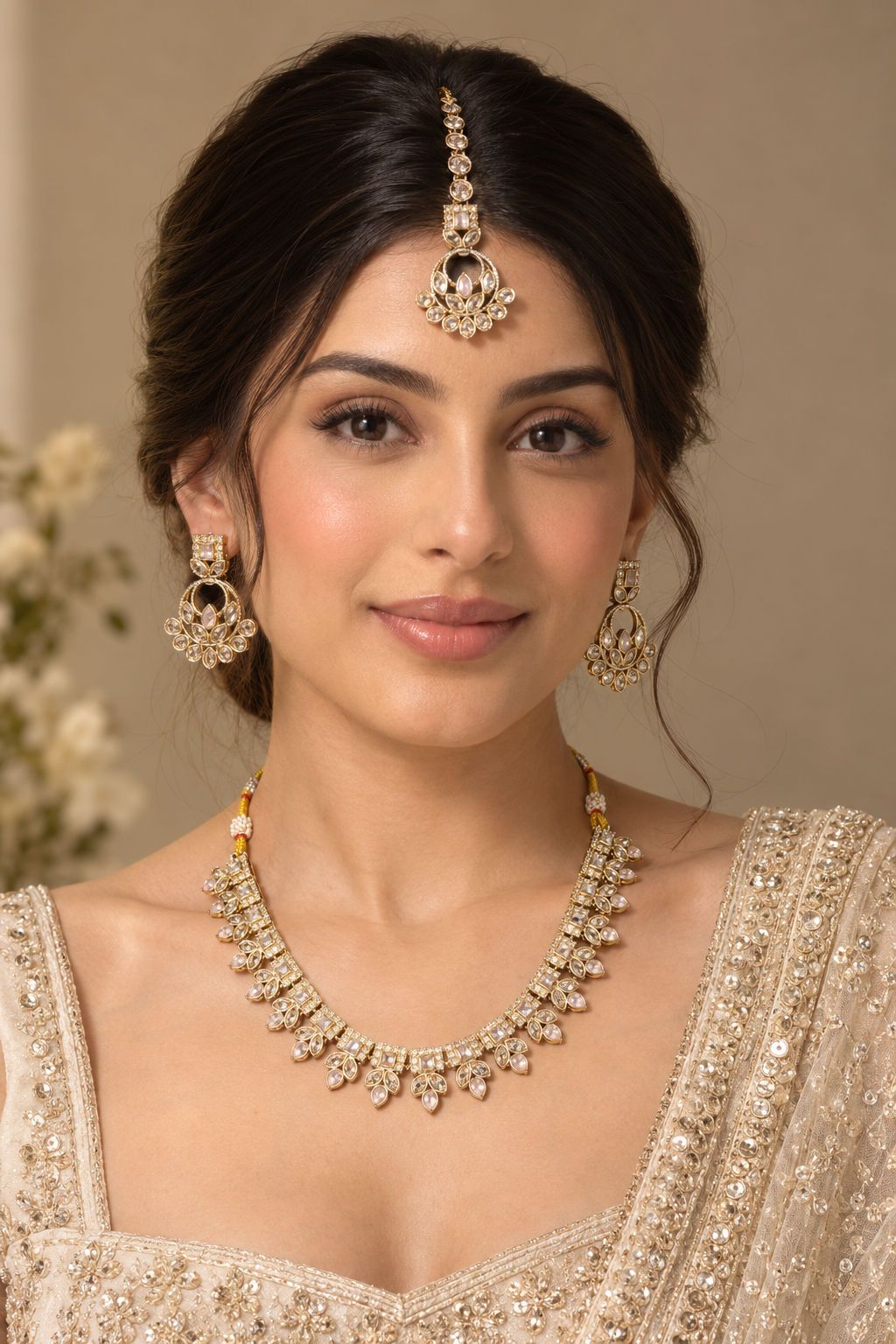 Blush Pink Kundan Necklace Set with Chandbali Earrings & Maang Tikka – Indian Bridal Jewelry — Jewellery — view 2 | Lehar Clothing UAE