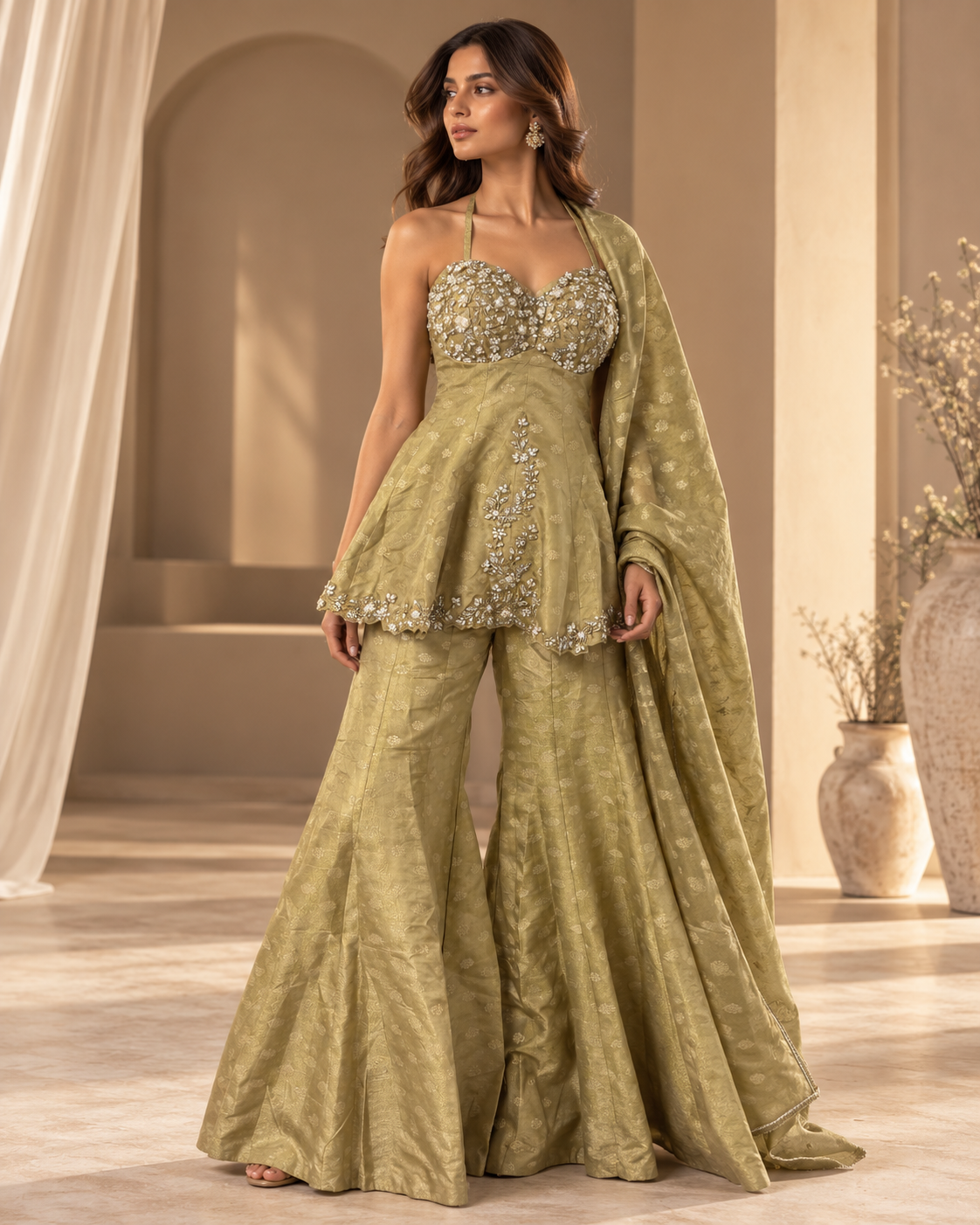 Women's Sage Gold Embroidered Peplum Bustier Top with Flared Sharara Pants & Dupatta Set — Palazzo Sets — view 2 | Lehar Clothing UAE