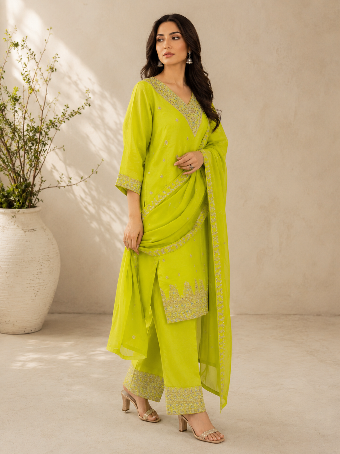 Lime Yellow Embroidered Kurta Set with Dupatta — Kurta Sets — view 2 | Lehar Clothing UAE