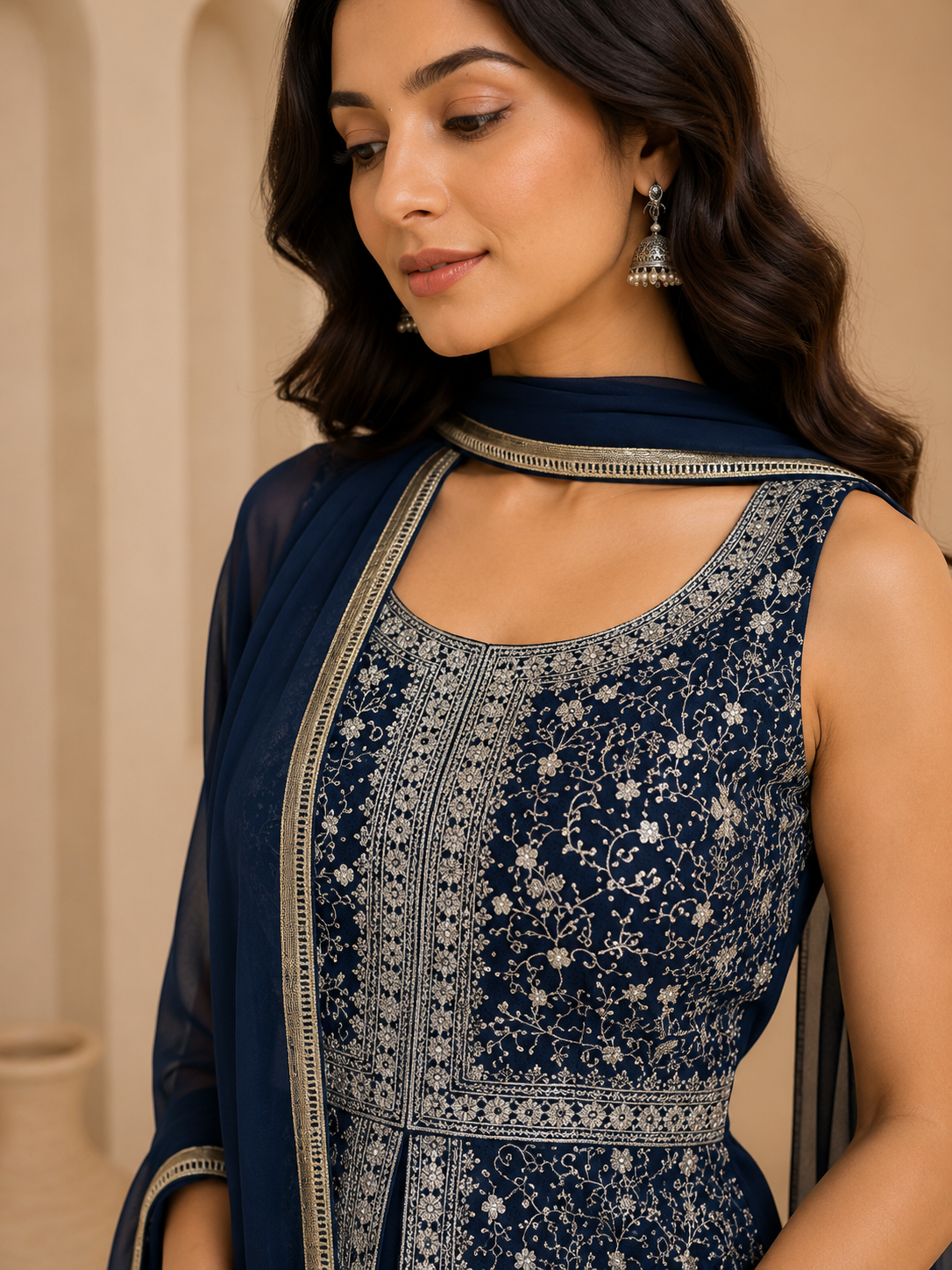 Blue Sleeveless Scoop Neck Short Kurti and Plain Sharara Suit 3-Piece Set — Sharara Set — view 3 | Lehar Clothing UAE
