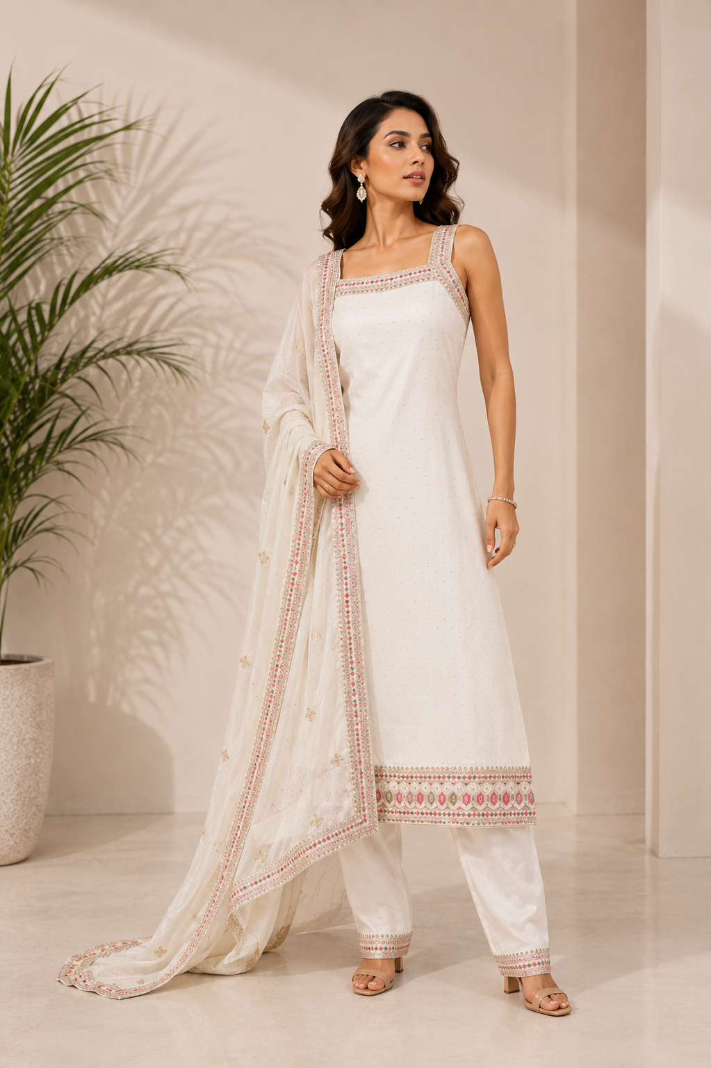 Ivory Square-Neck Embellished Straight Kurti with Matching Trousers and Bordered Dupatta — Kurta Sets | Lehar Clothing UAE