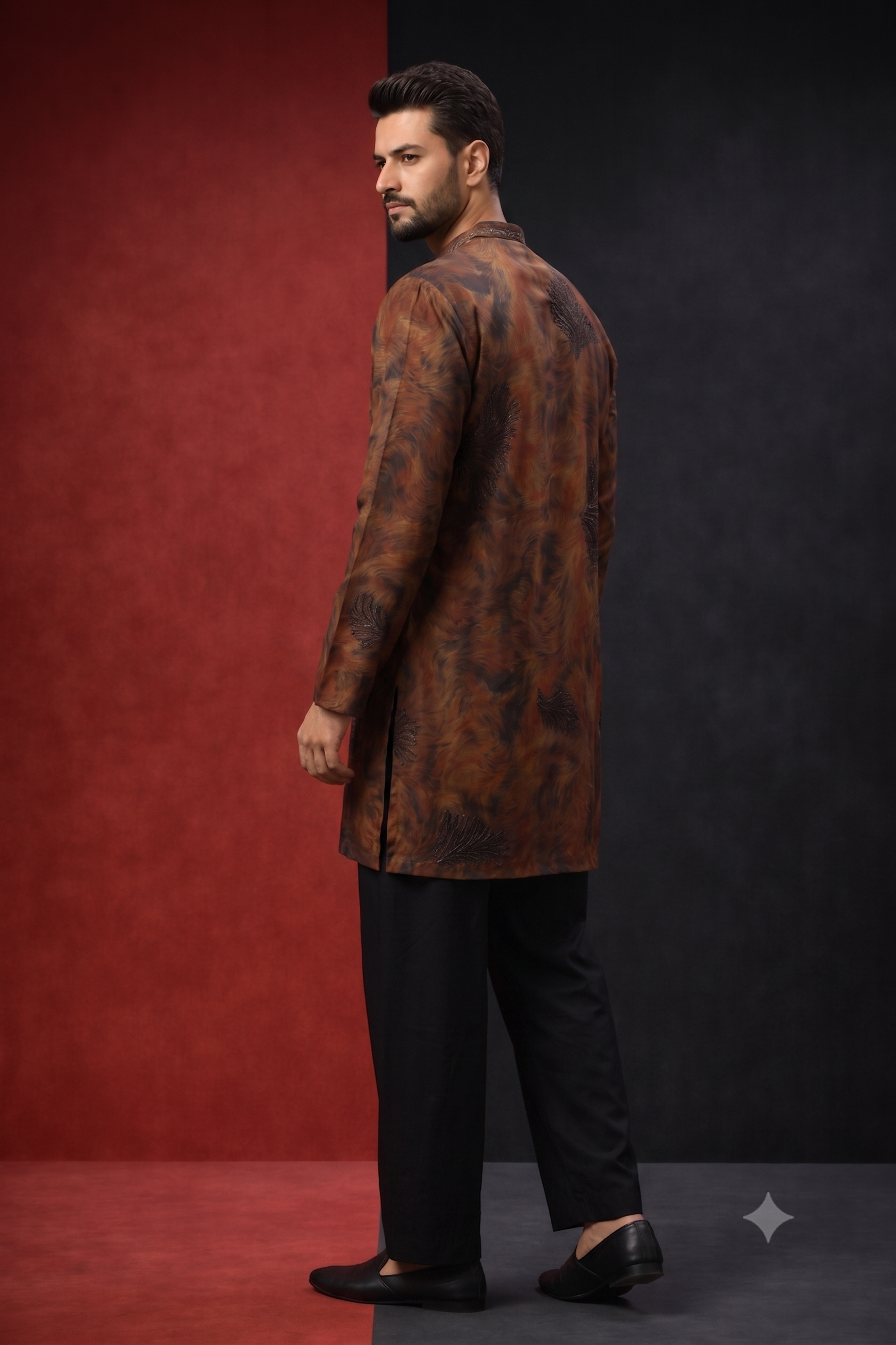 Men's Abstract Print Mandarin Collar Kurta with Black Ankle-Length Trouser Set — Kurta Sets — view 2 | Lehar Clothing UAE