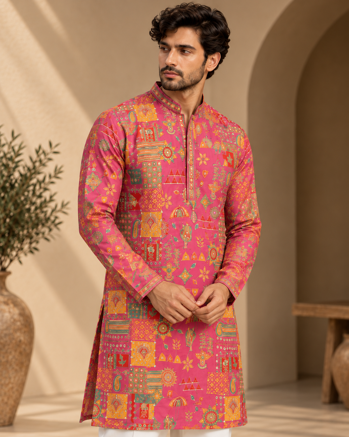 Magenta Multicolor Printed Kurta Set with White Straight Pants — Kurta Sets — view 2 | Lehar Clothing UAE