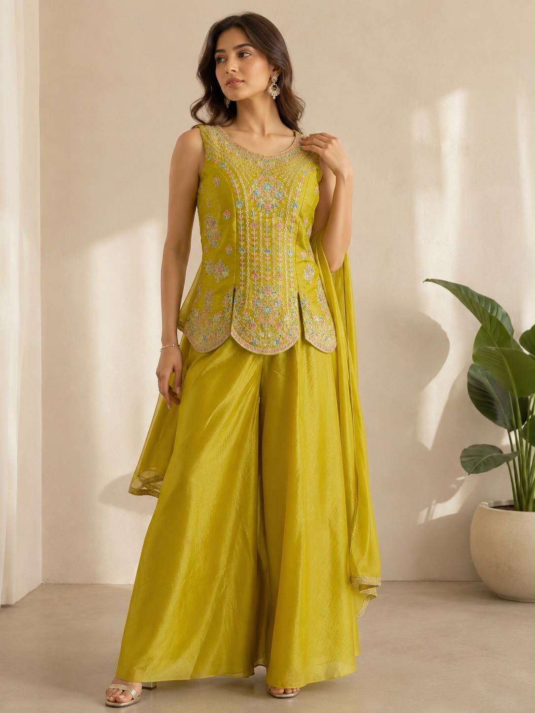 Yellow Sleeveless Floral Embroidered Short Top with Flared Sharara & Dupatta Set — Sharara Set | Lehar Clothing UAE