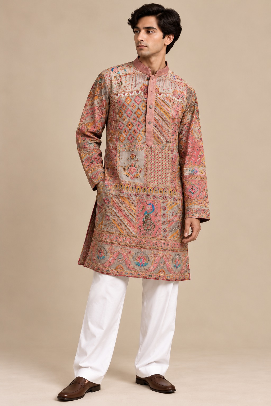Men’s Dusty Pink Multicolour Patchwork Print Festive Kurta with White Straight Pants — Kurta Sets | Lehar Clothing UAE