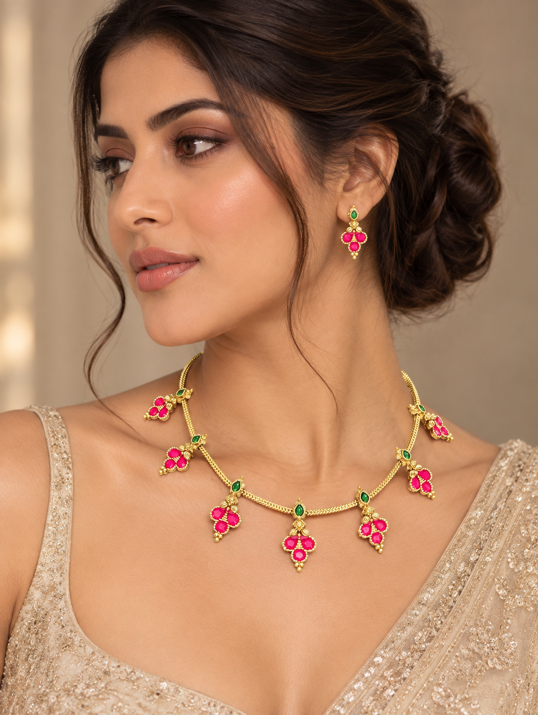 Pink Stone Cluster Charm Necklace Set - Gold Tone Indian Minimal Jewelry — Jewellery | Lehar Clothing UAE