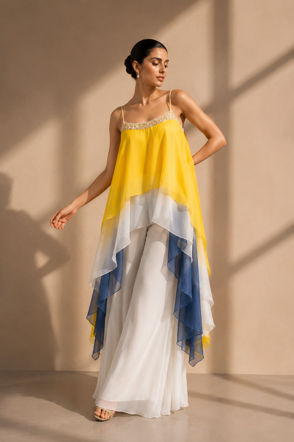Yellow Colorblock Layered Chiffon Cape Top with White Wide-Leg Palazzo Set — Palazzo Sets | Lehar Clothing UAE