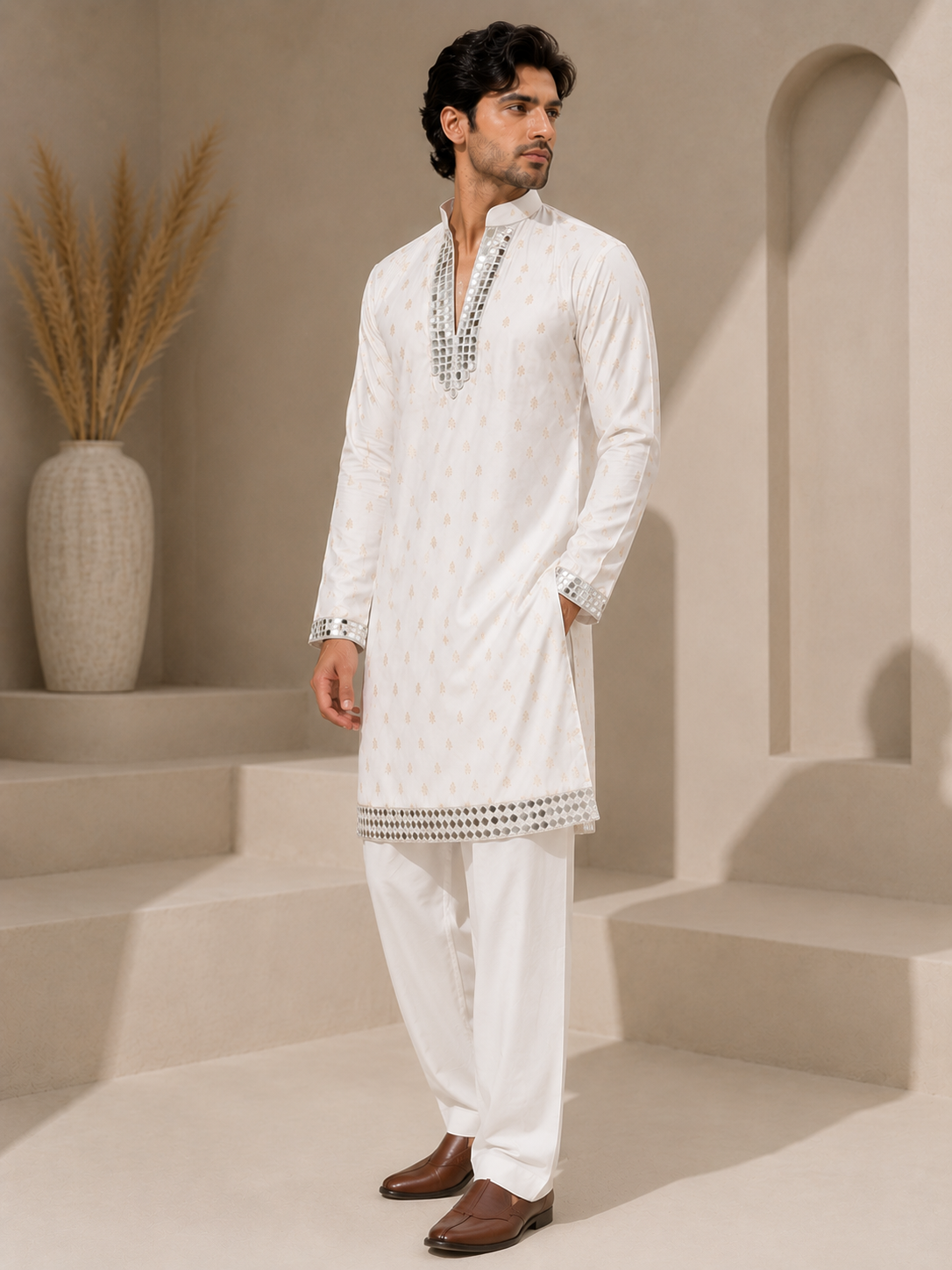 Ivory Mirror Embellished Kurta Set — Kurta Sets — view 2 | Lehar Clothing UAE