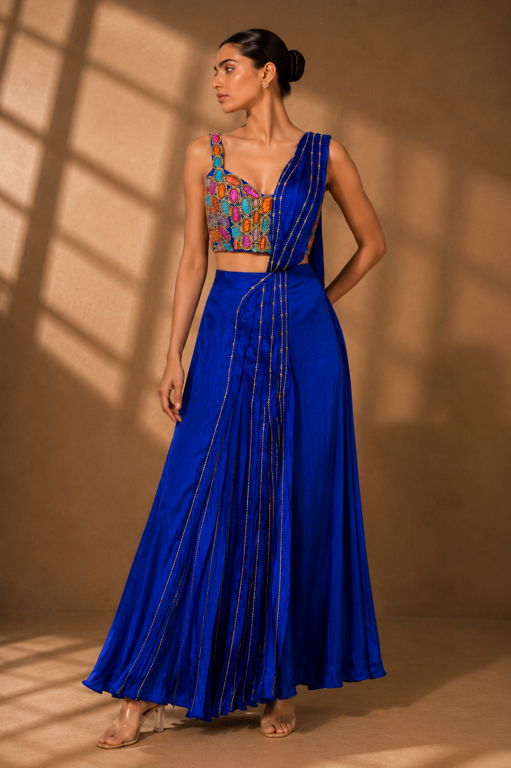 Women's Royal Blue Saree with Multicolour Embellished Blouse Set — Sarees — view 3 | Lehar Clothing UAE