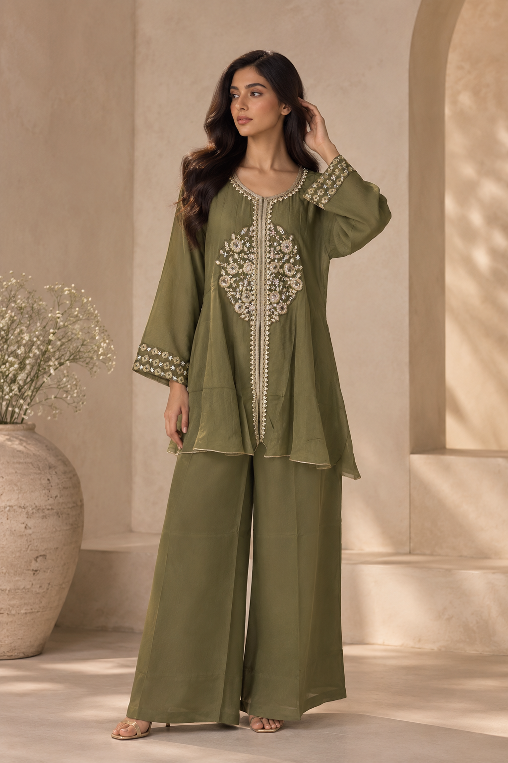 Olive Green Floral Embroidered A-Line Kurta with Wide-Leg Pants Set — Kurta Sets | Lehar Clothing UAE