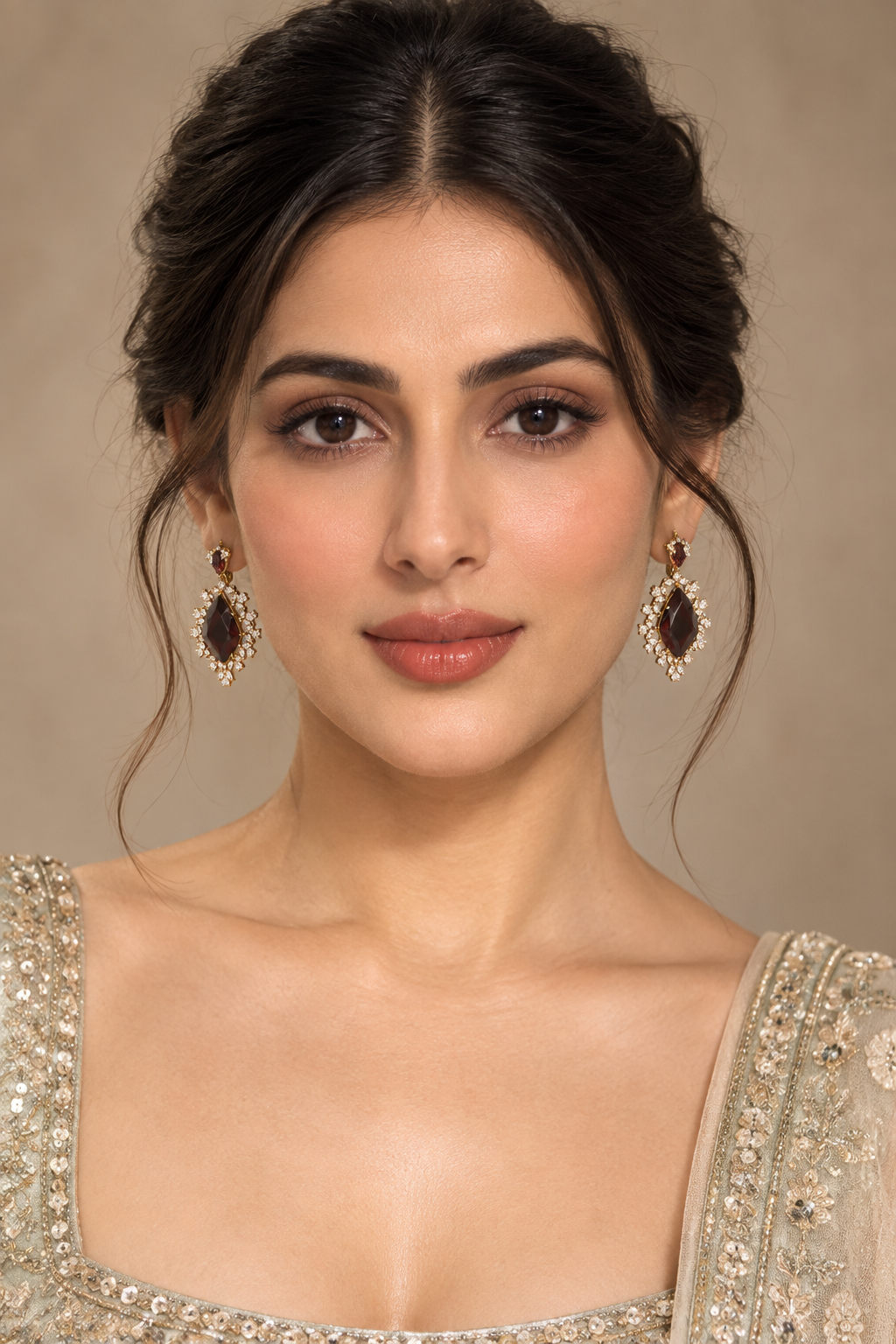Indian Gold-Plated Stone Studded Statement Drop Earrings – Maroon Red Color Hexagon Stone with Sunburst Halo, Wedding & Party Jewelry for Women — Jewellery — view 2 | Lehar Clothing UAE