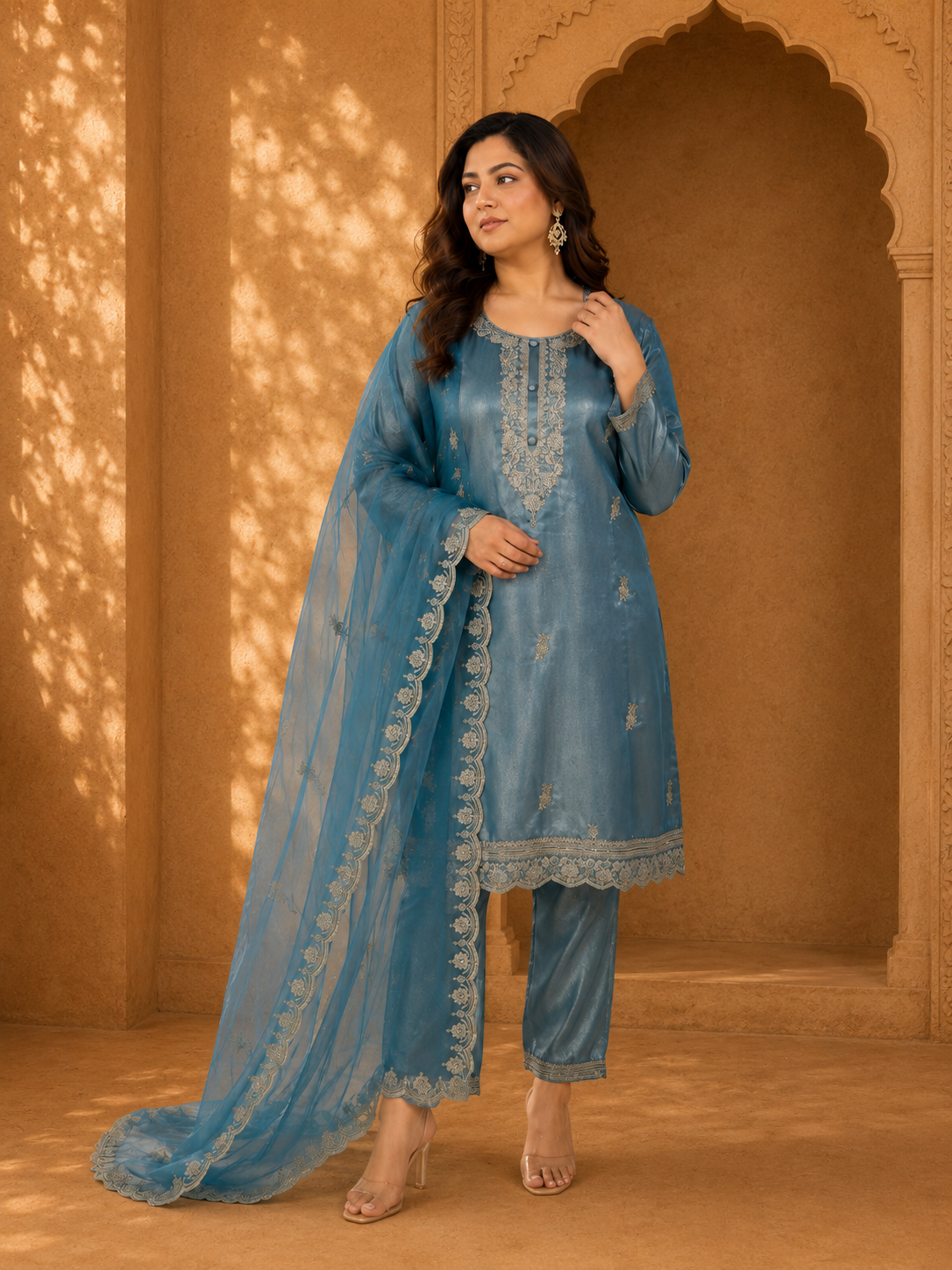 Women's Plus Size Teal Blue Embroidered Silk-Blend Kurta Set with Net Dupatta — Kurta Sets - Plus Size | Lehar Clothing UAE