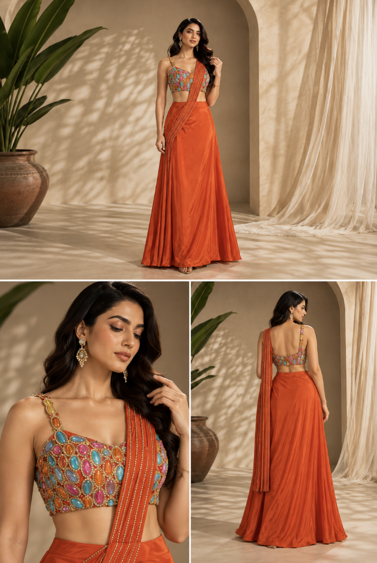 Women’s Orange Draped Skirt Set with Multicolor Embellished Blouse — Sarees — view 3 | Lehar Clothing UAE
