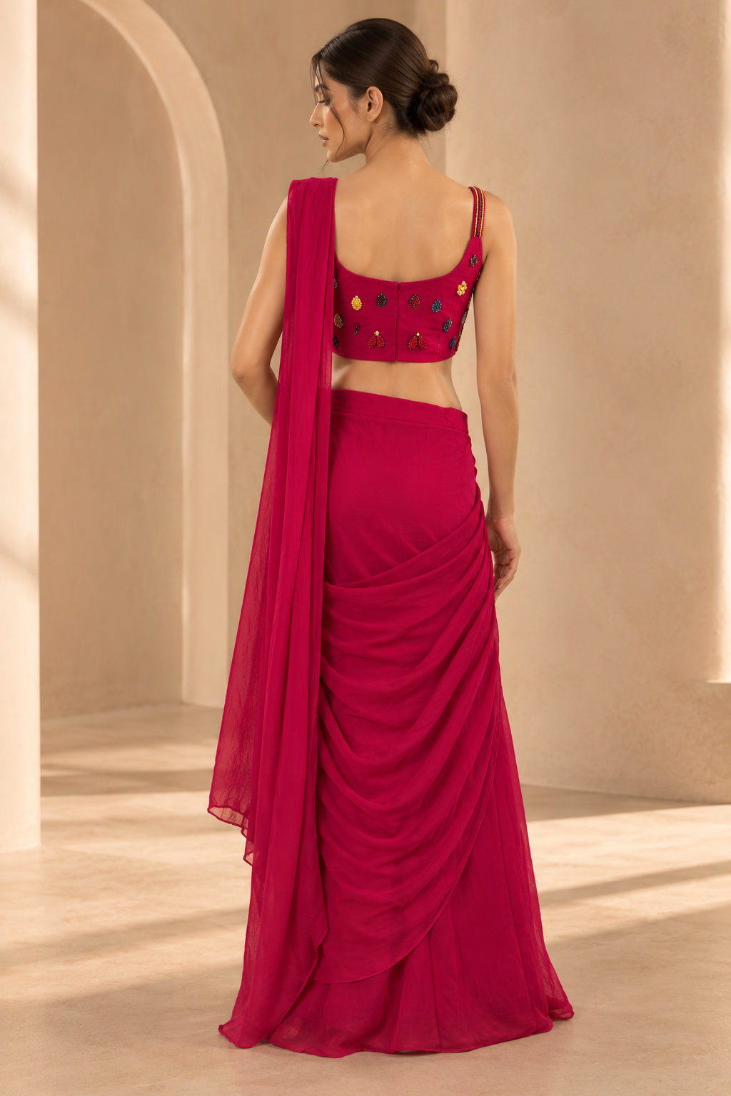 Fuchsia Pink Georgette Saree with Multicolour Floral Embroidered Blouse — Sarees — view 2 | Lehar Clothing UAE