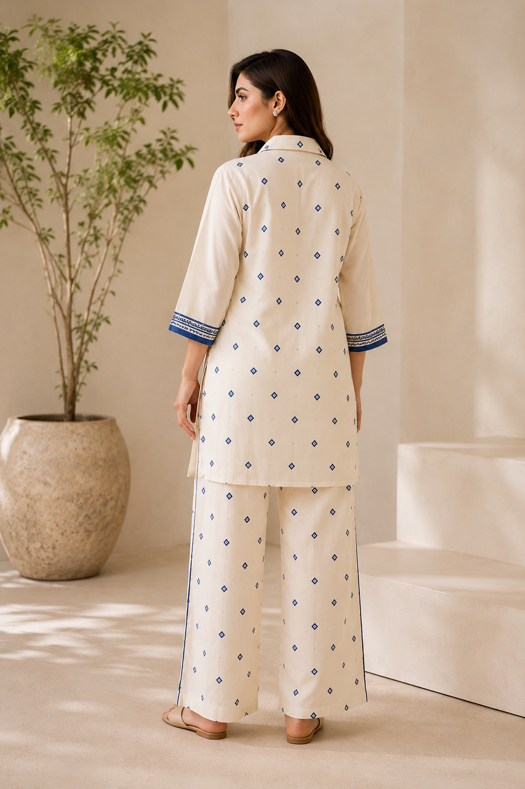 Women's Off-White & Royal Blue Printed Cotton Blend Co-Ord Set — Co-ord Set — view 3 | Lehar Clothing UAE