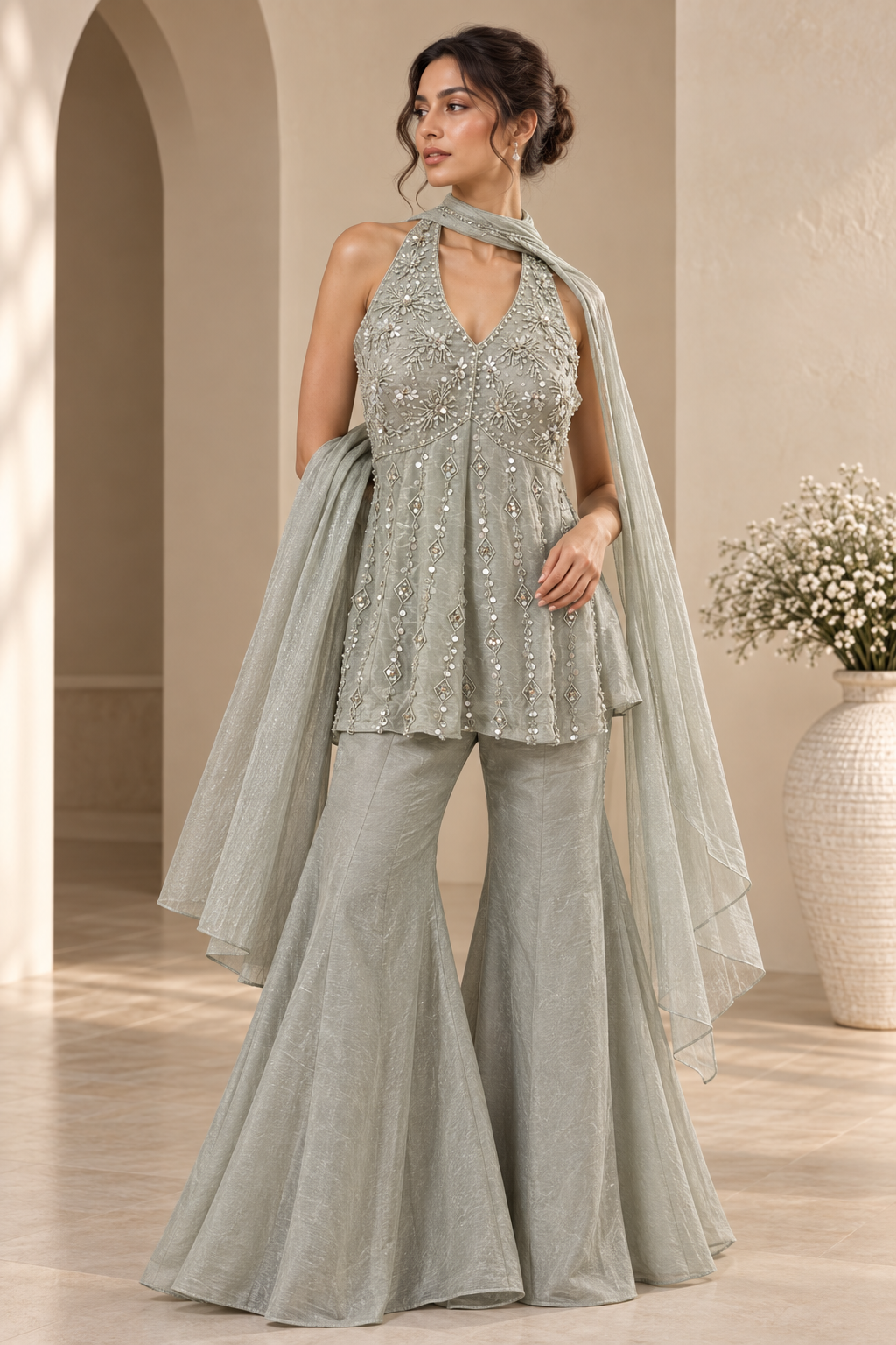 Sage Green Embroidered Halter Kurta with Flared Sharara & Dupatta Set — Sharara Set | Lehar Clothing UAE