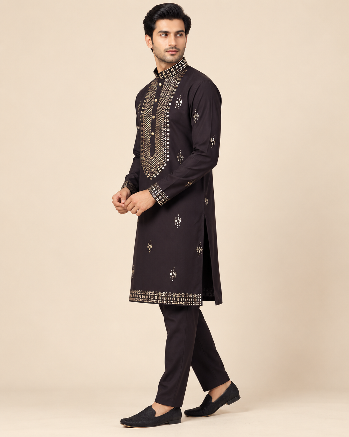 Men’s Dark Brown Mirror Work Embroidered Kurta Pajama Set — Kurta Sets | Lehar Clothing UAE