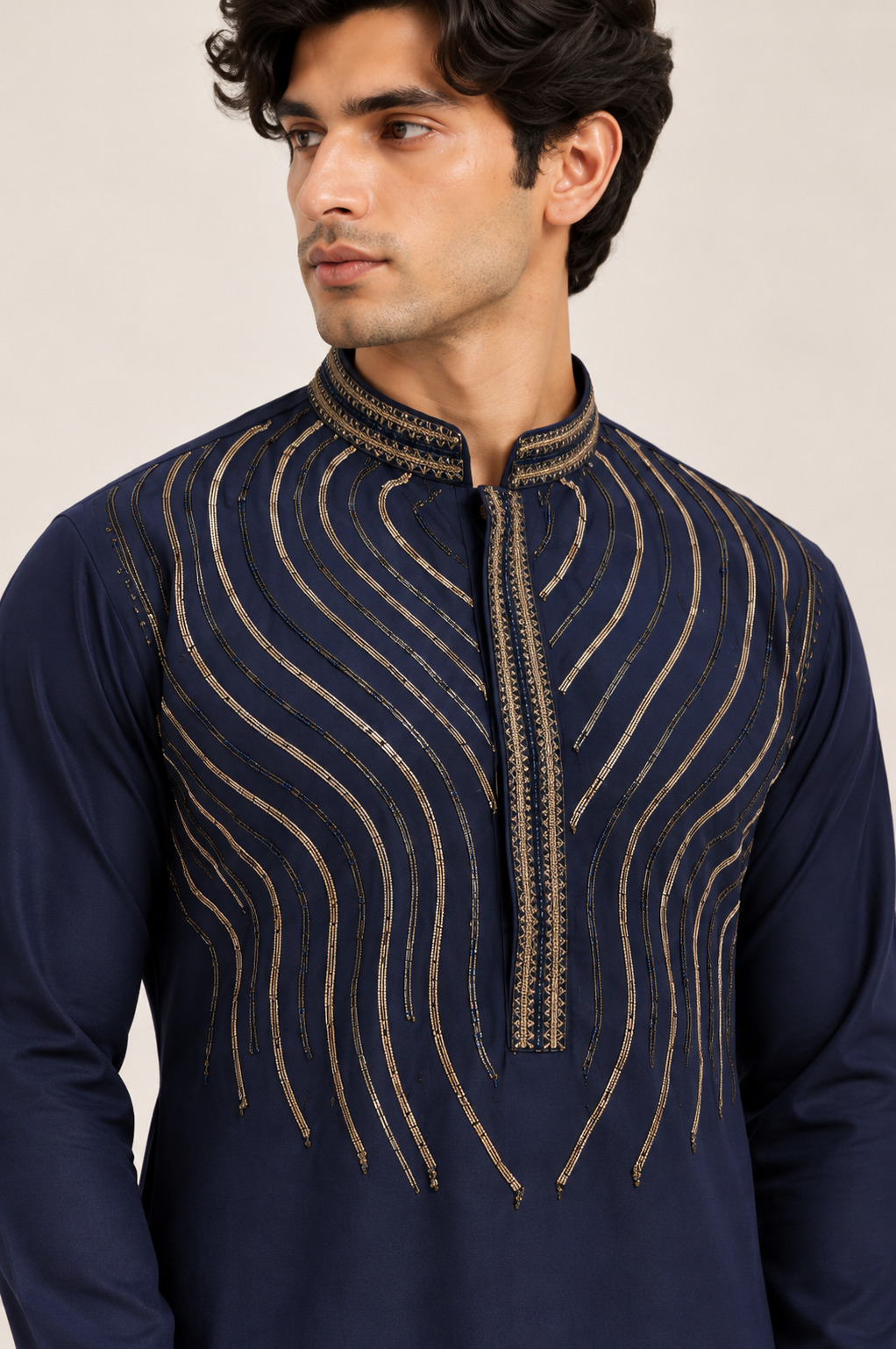 Men’s Navy Blue Kurta Set with Gold Wave Embroidery and Matching Straight-Fit Pants — Kurta Sets — view 3 | Lehar Clothing UAE