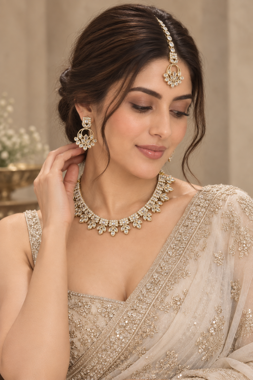 White Kundan Bridal Set with Chandbali & Tikka — Jewellery | Lehar Clothing UAE