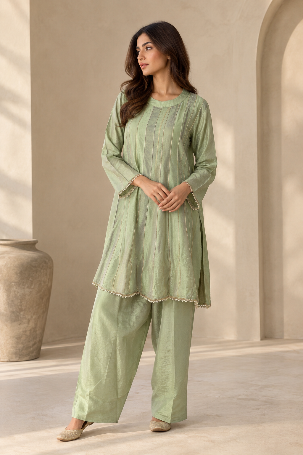 Sage Green Pintuck A-Line Kurta with Straight Pants Set — Kurta Sets | Lehar Clothing UAE