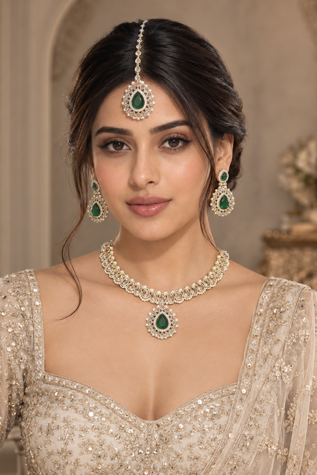 Emerald Green Kundan Choker Set with Maang Tikka - Indian Bridal Jewelry — Jewellery — view 2 | Lehar Clothing UAE