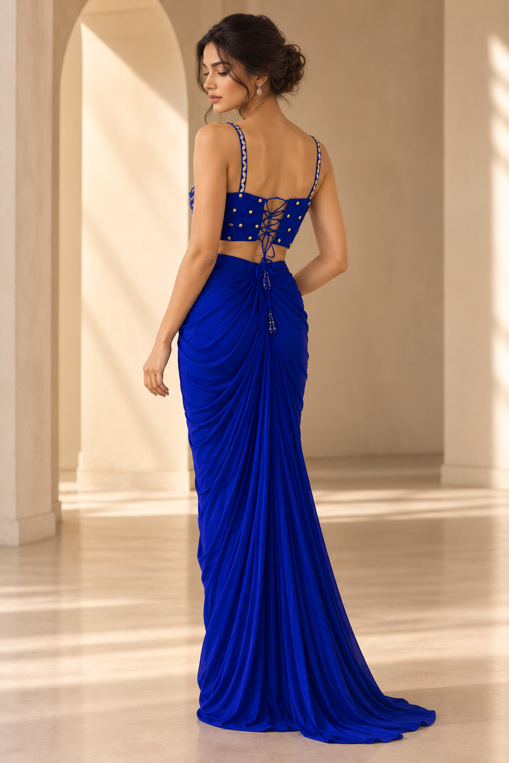 Royal Blue Embroidered Corset Bustier with Draped Skirt & Matching Dupatta — Fusion wear — view 2 | Lehar Clothing UAE