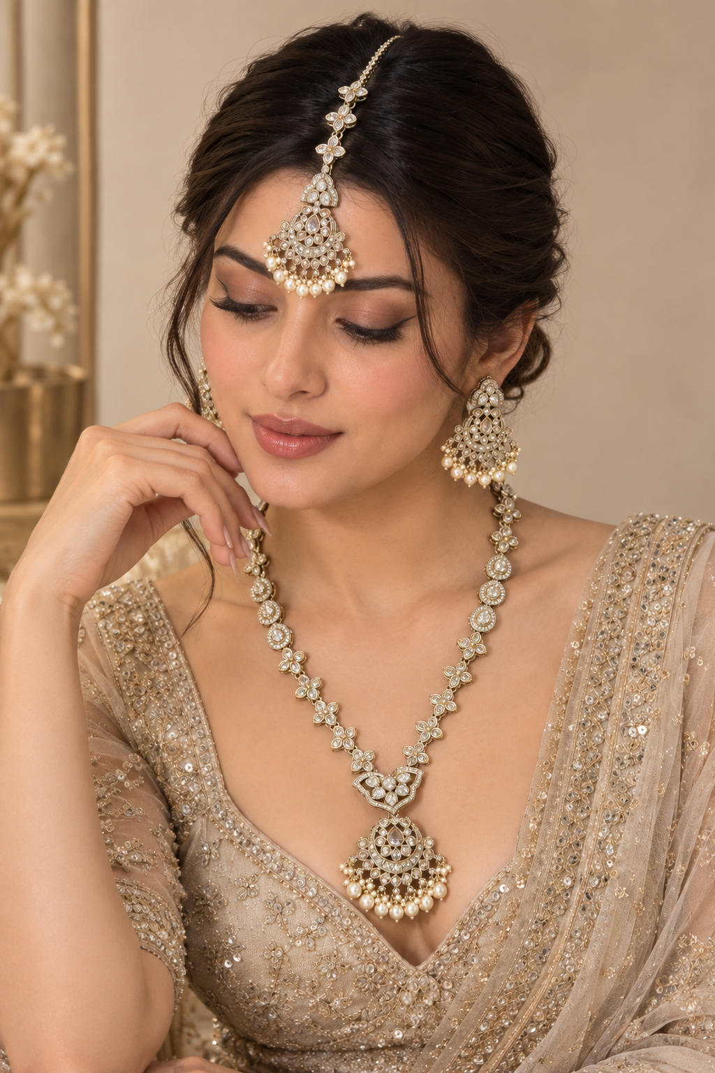Long Kundan & Pearl Necklace Set with Earrings & Maang Tikka – Indian Bridal Rani Haar Jewelry — Jewellery | Lehar Clothing UAE