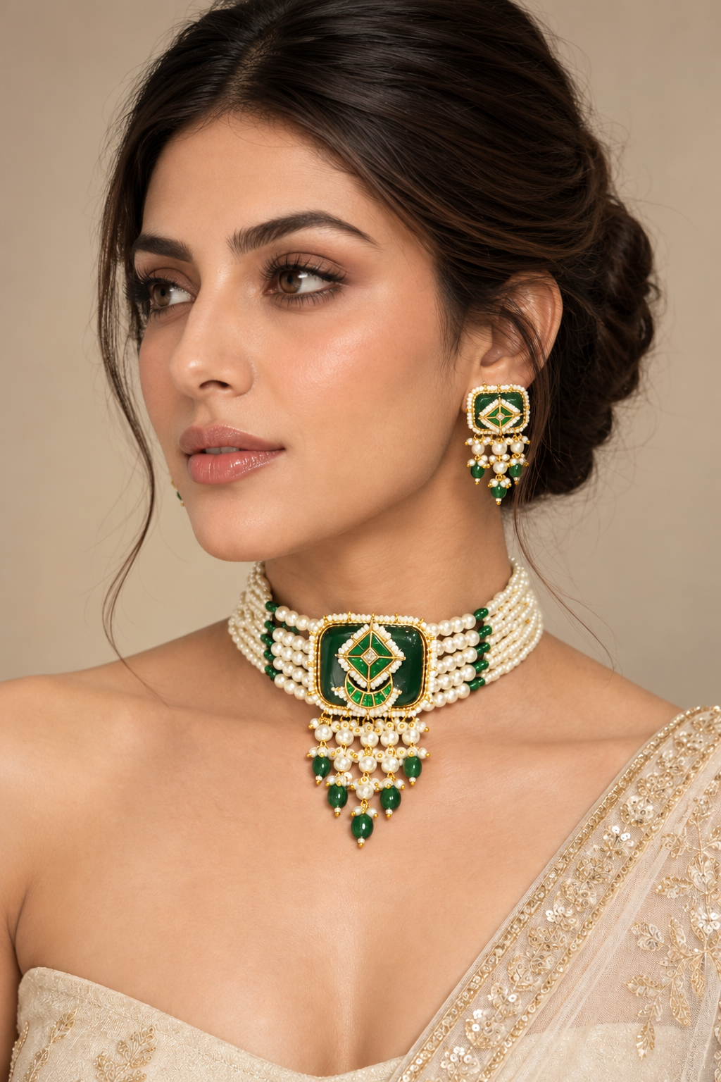 Pearl Bead Choker Set with Emerald Green Stone - Indian Bridal Jewelry — Jewellery — view 2 | Lehar Clothing UAE