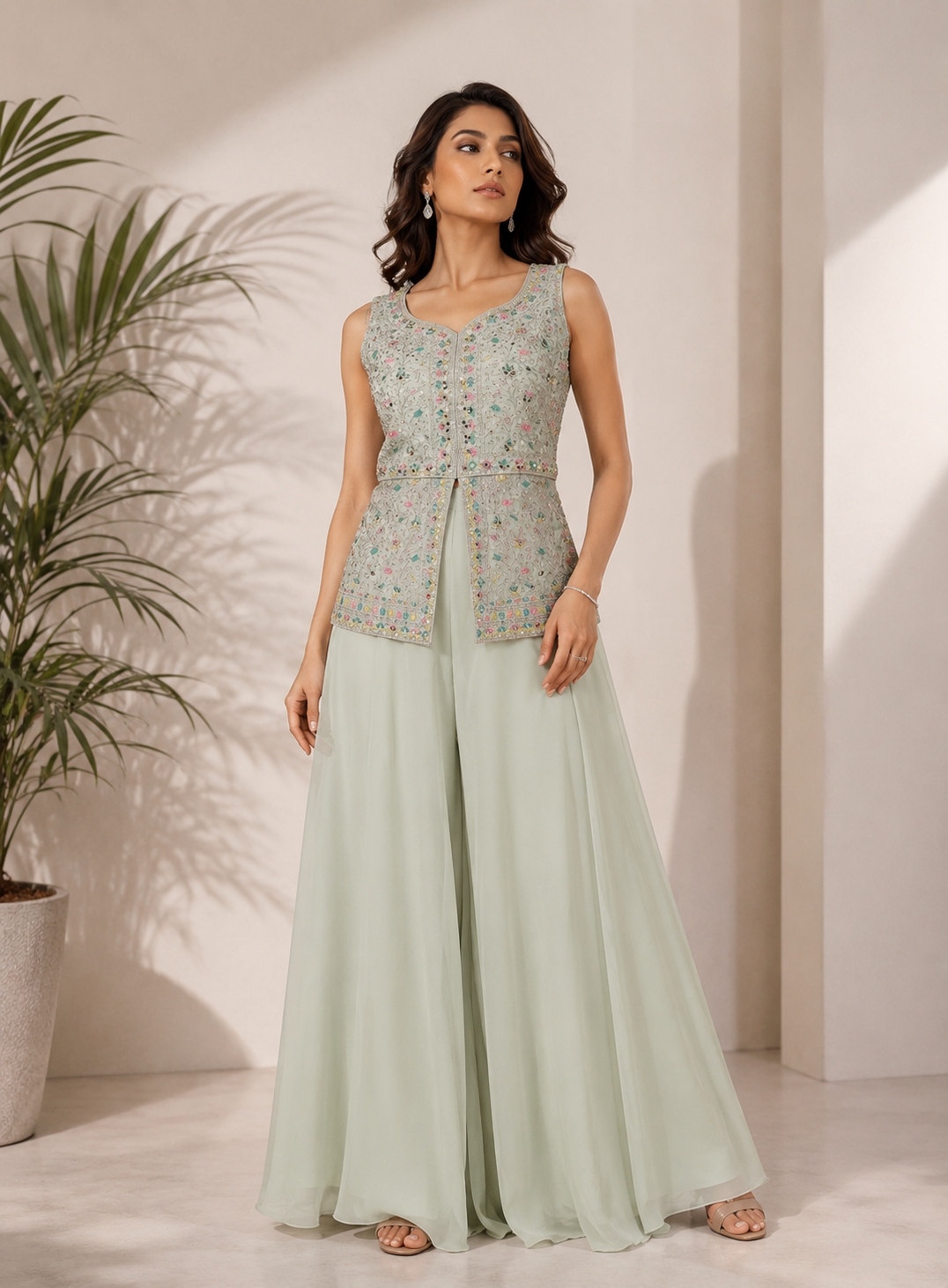 3-Piece Pastel Green Floral Embellished Sleeveless Sharara Set — Sharara Set — view 2 | Lehar Clothing UAE