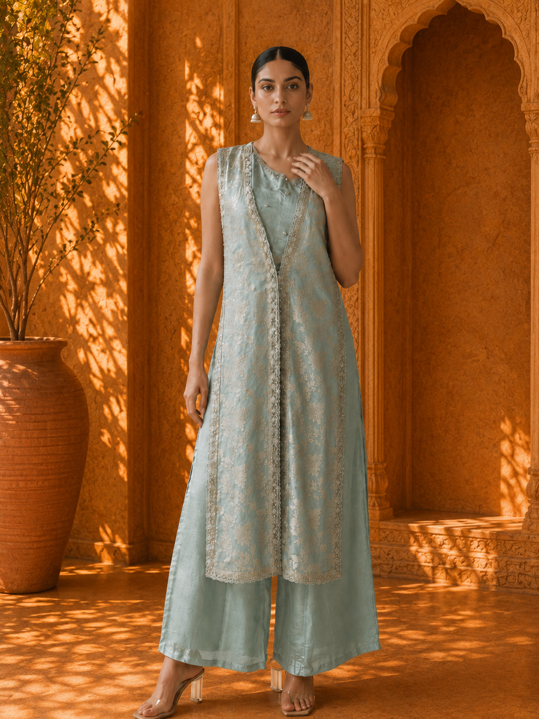 Sage Green Embroidered 3-Piece Long Jacket, Blouse & Palazzo Set — Palazzo Sets | Lehar Clothing UAE