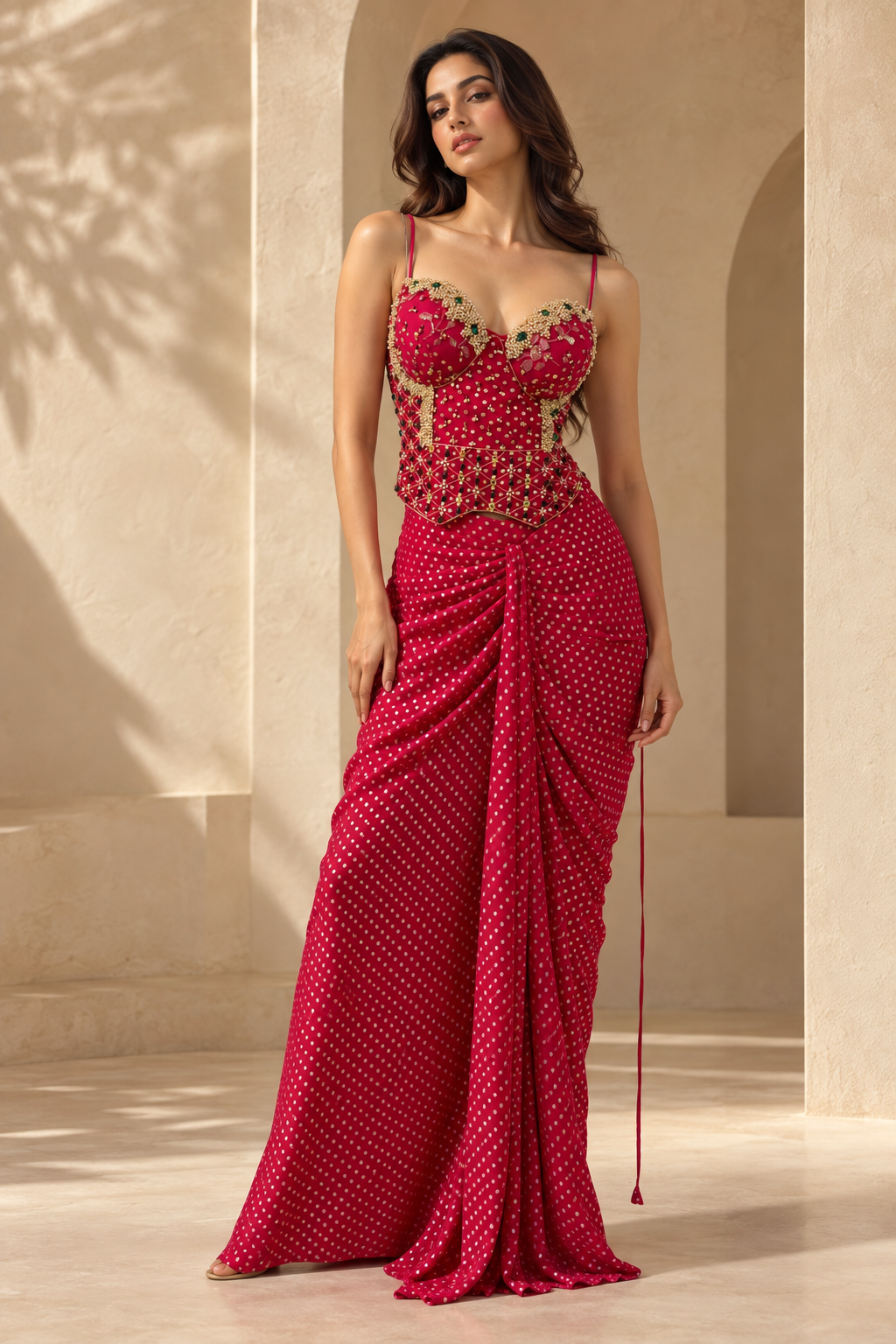 Women's Ruby Red Embellished Sweetheart Neck Bustier with Mirror & Bead Work and Pre-Draped Saree Set — Sarees — view 2 | Lehar Clothing UAE
