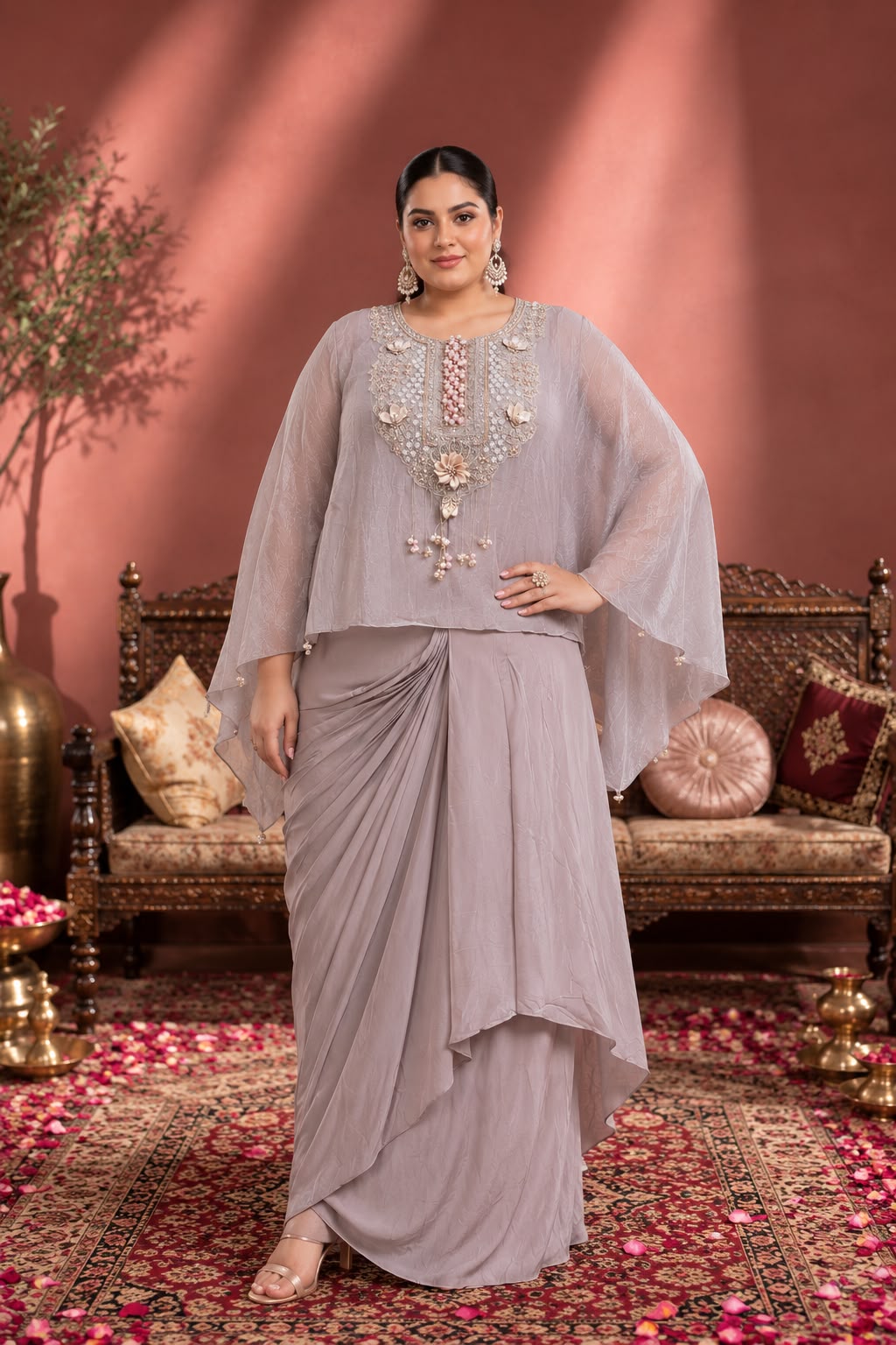 Dusty Lilac Hand-Embellished Kaftan Top with Draped Dhoti Skirt Set for Women — Fusion wear — view 2 | Lehar Clothing UAE