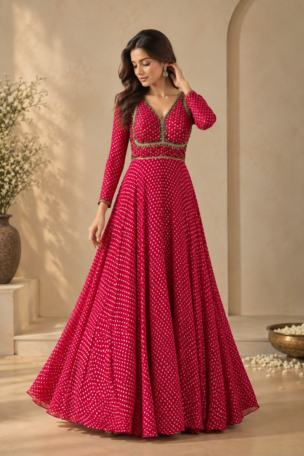 Fuchsia Pink Bandhani Print Anarkali Maxi Dress with Embellished V-Neck — Anarkali — view 3 | Lehar Clothing UAE