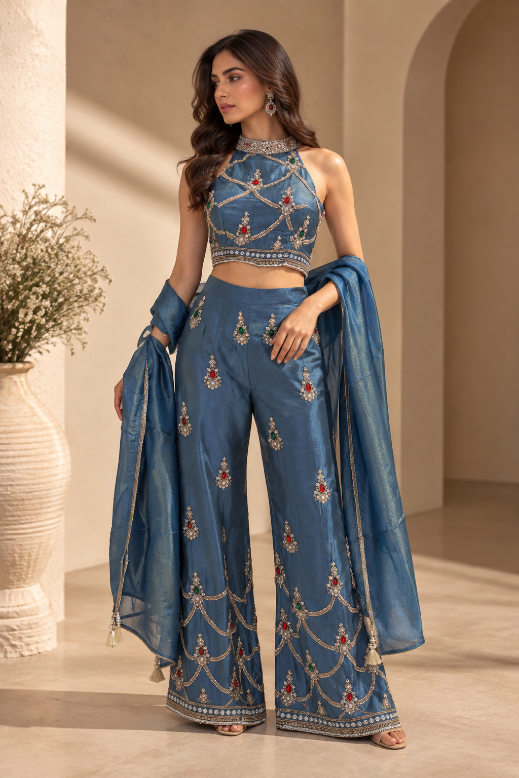 Women’s Blue Embellished Halter Crop Top with Wide-Leg Palazzo Pants Co-Ord Set with Dupatta — Fusion wear — view 2 | Lehar Clothing UAE
