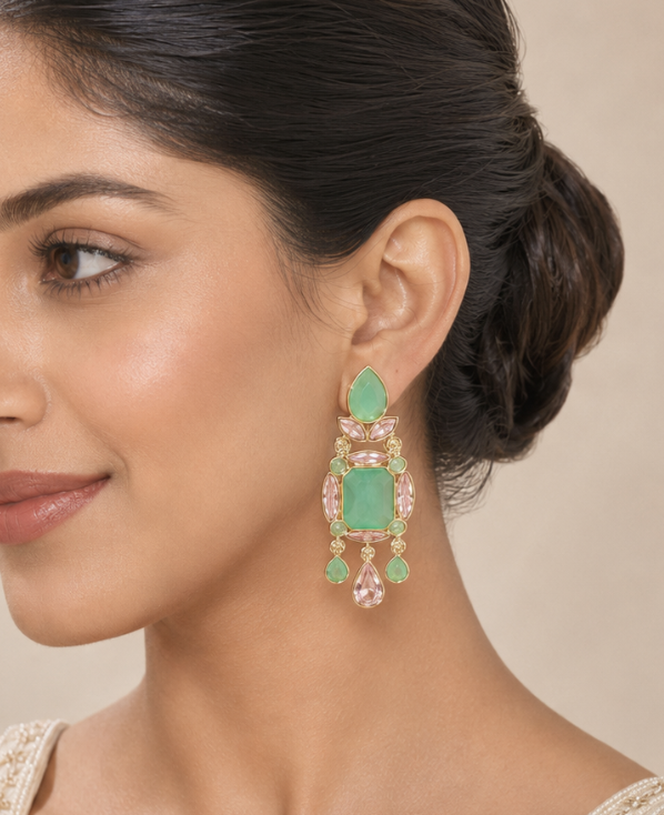 Women’s Mint Green & Blush Pink Crystal Chandelier Earrings — Jewellery — view 3 | Lehar Clothing UAE