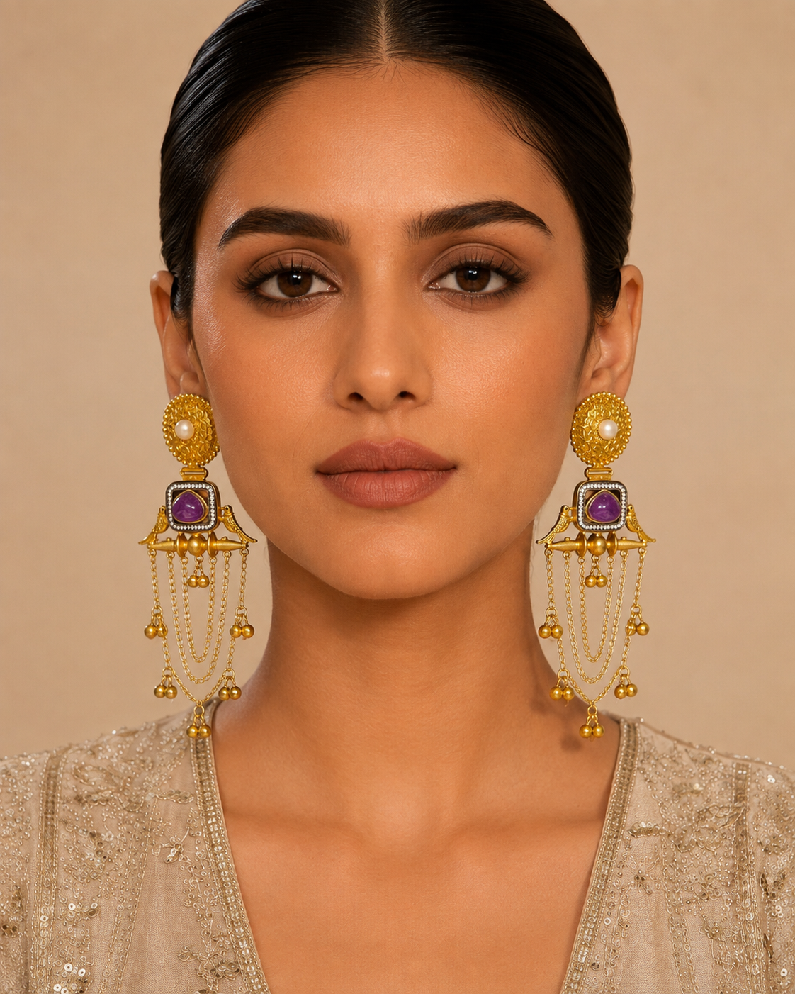 Imitation Gold-Tone Purple Stone Bird Motif Statement Kashir Dangler Earrings — Jewellery | Lehar Clothing UAE