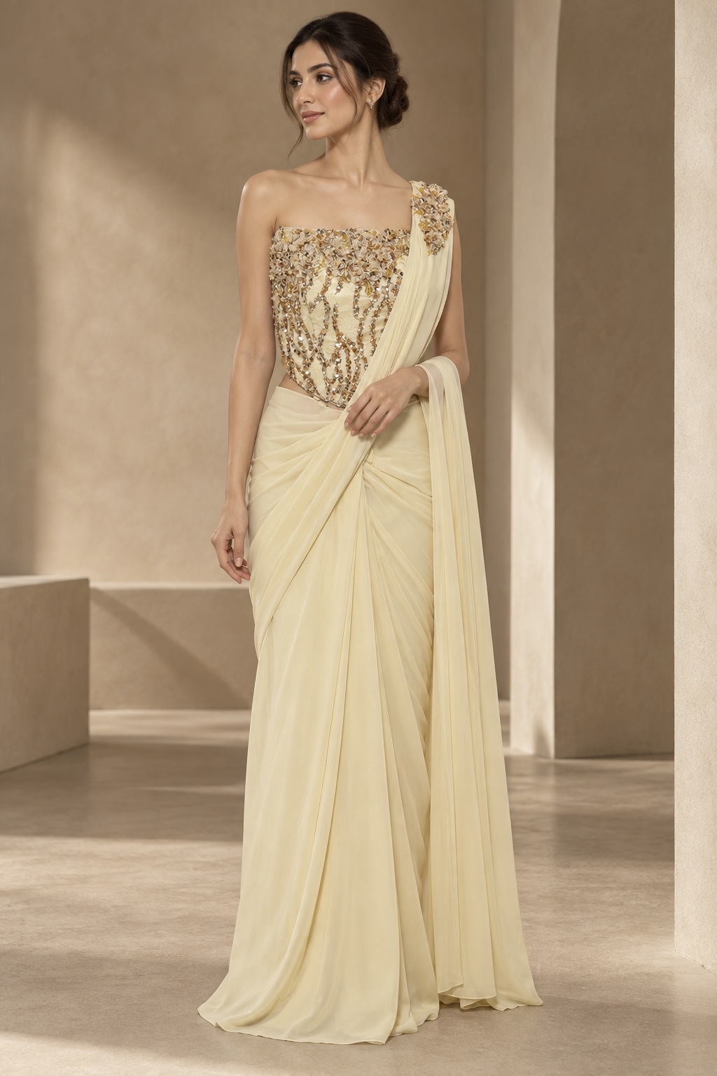 Ivory Georgette Saree with Gold Sequin Embellished Corset Blouse — Sarees — view 2 | Lehar Clothing UAE