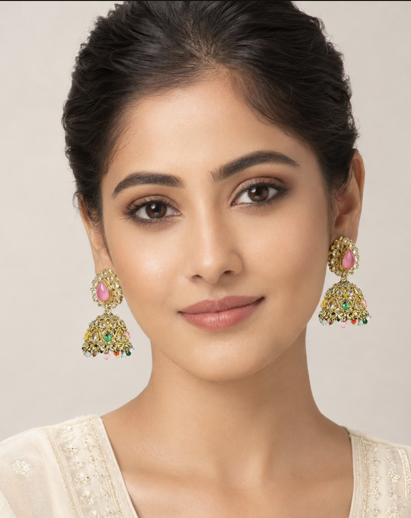 Imitation Gold-Tone Kundan Jhumka Earrings with Pink & Green Stones and Multicolor Beaded Drops — Jewellery | Lehar Clothing UAE