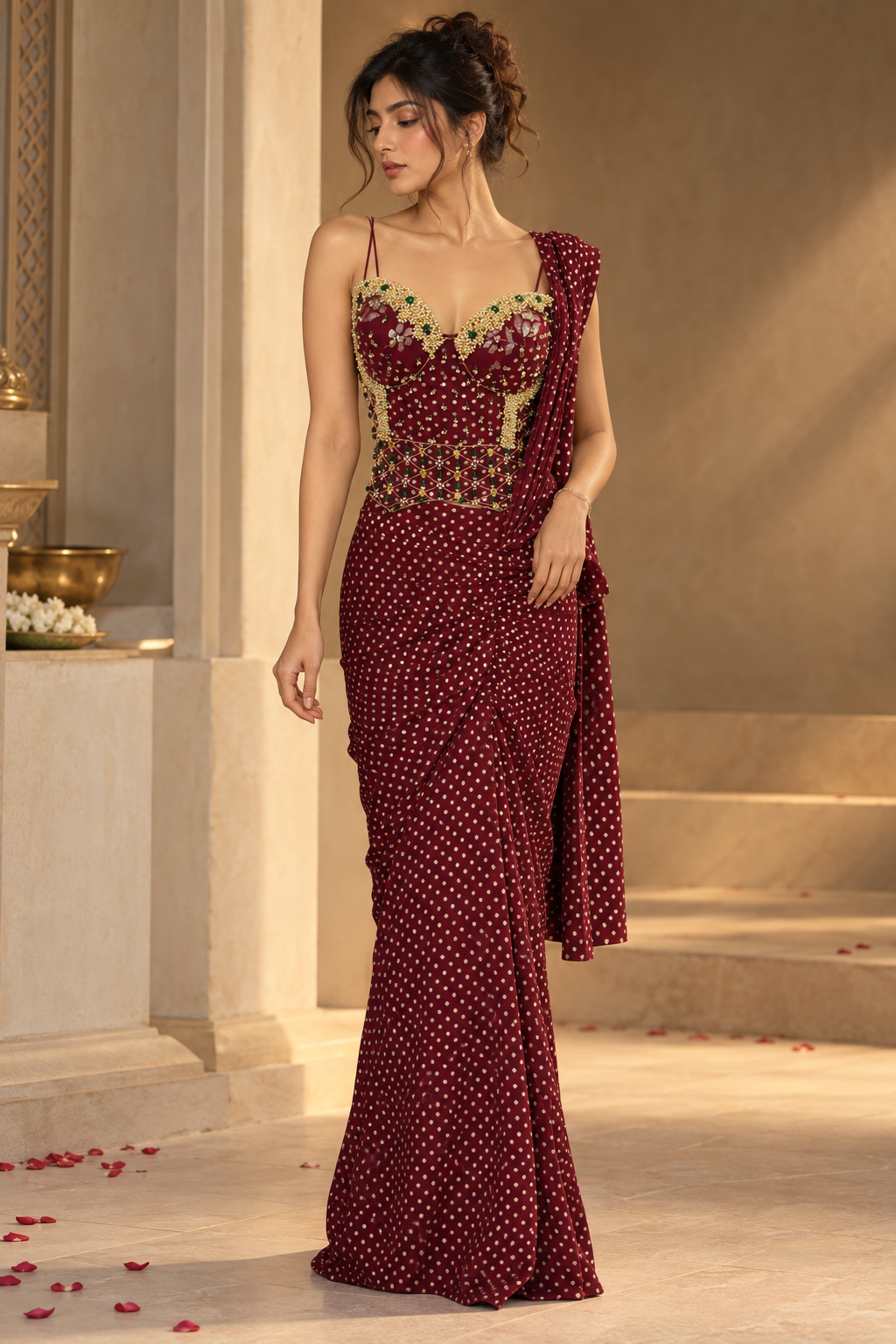 Women's Deep Maroon Embellished Sweetheart Neck Bustier with Mirror & Bead Work and Pre-Draped Saree Set — Sarees — view 3 | Lehar Clothing UAE