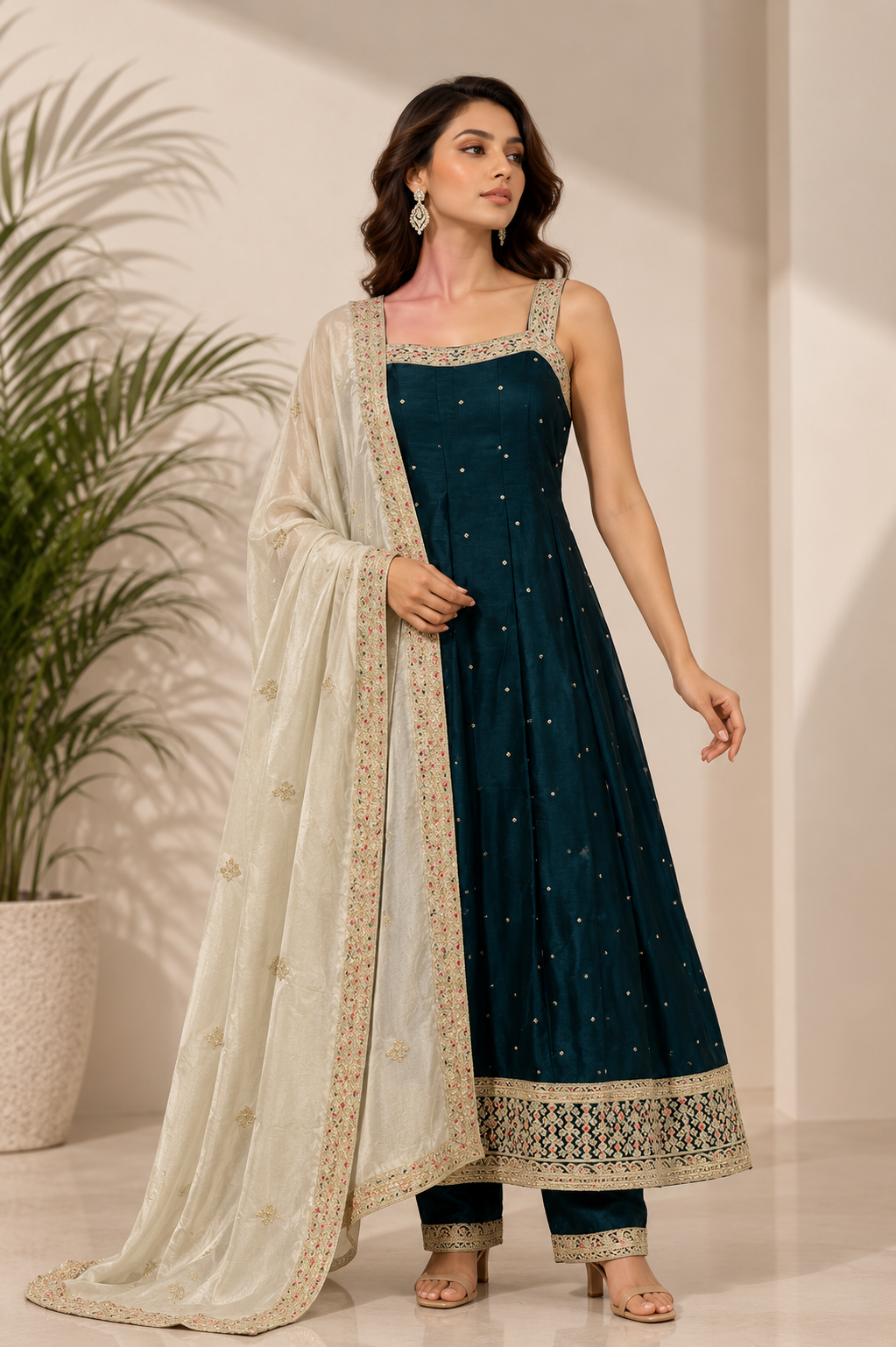 3-Piece Dark Emerald Sleeveless Anarkali Kurta and Pant Set with Cream Dupatta — Sharara Set | Lehar Clothing UAE