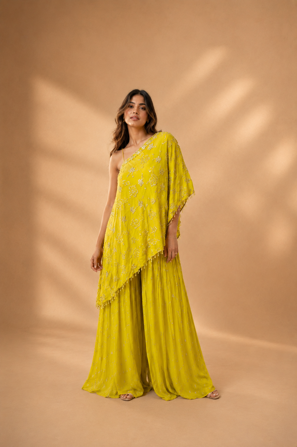 Lime Yellow One-Shoulder Embroidered Cape Palazzo Set — Palazzo Sets | Lehar Clothing UAE