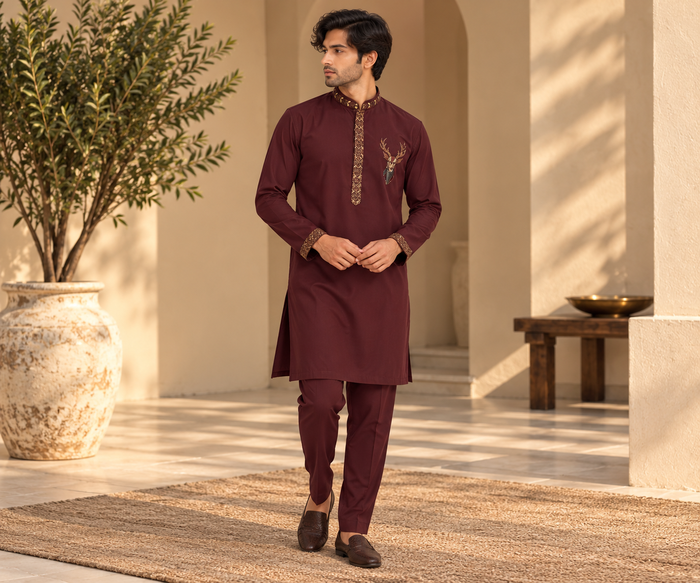 Men’s Maroon Kurta Pant Set with Gold Embroidered Placket & Statement Deer Motif Back Design — Kurta Sets | Lehar Clothing UAE
