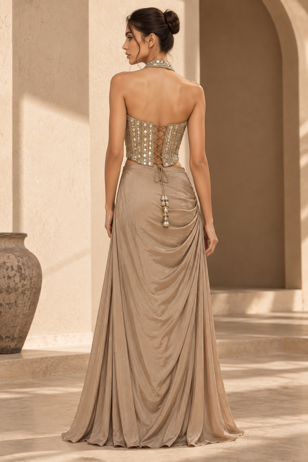 Women's Ivory Cream Mirror & Sequin Embellished Halter Neck Bustier with Draped Skirt & Dupatta 3-Piece Set — Fusion wear — view 2 | Lehar Clothing UAE