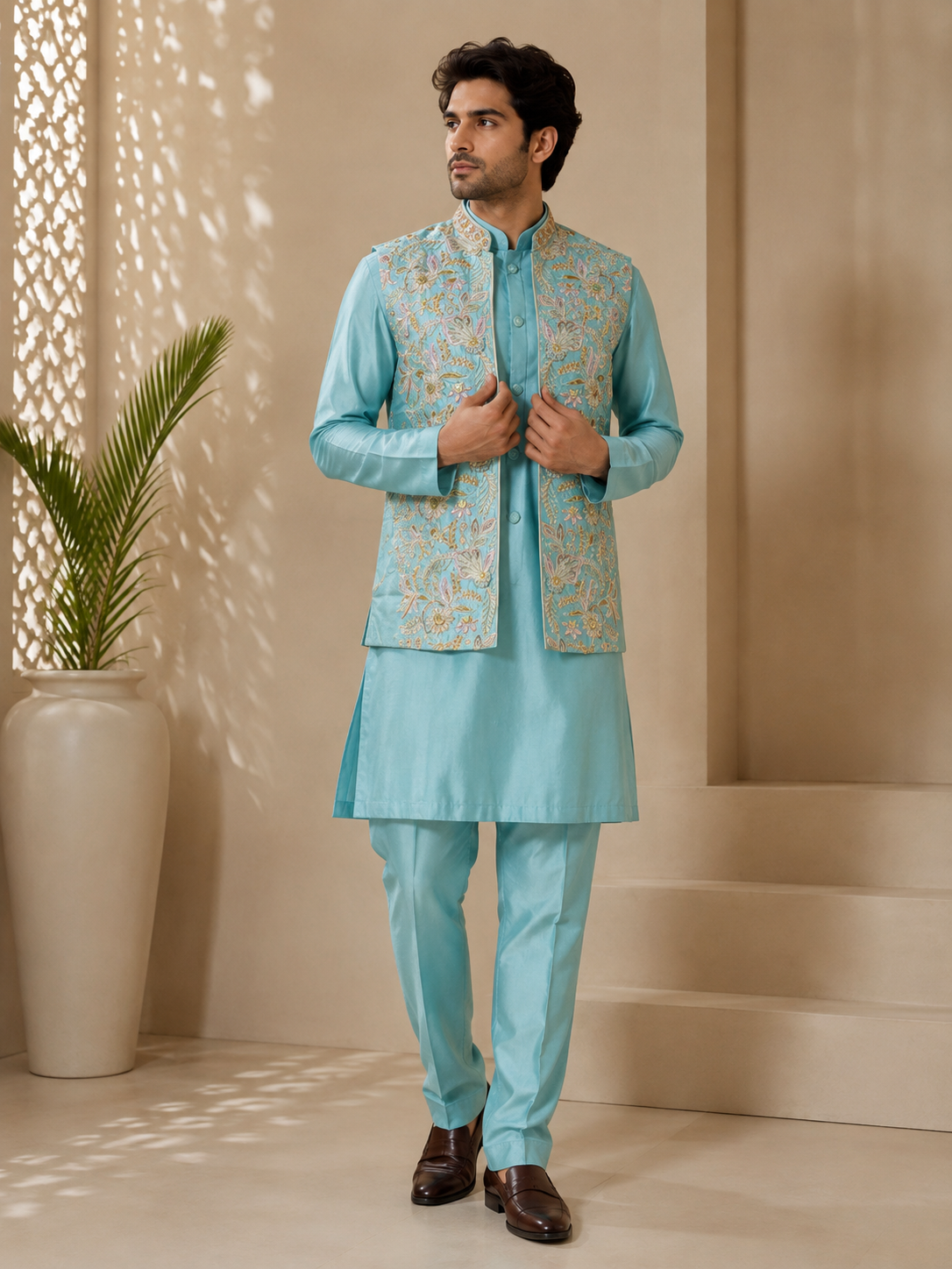 Aqua Blue Floral Embroidered Nehru Jacket with Matching Kurta & Trousers Set — Kurta Sets | Lehar Clothing UAE