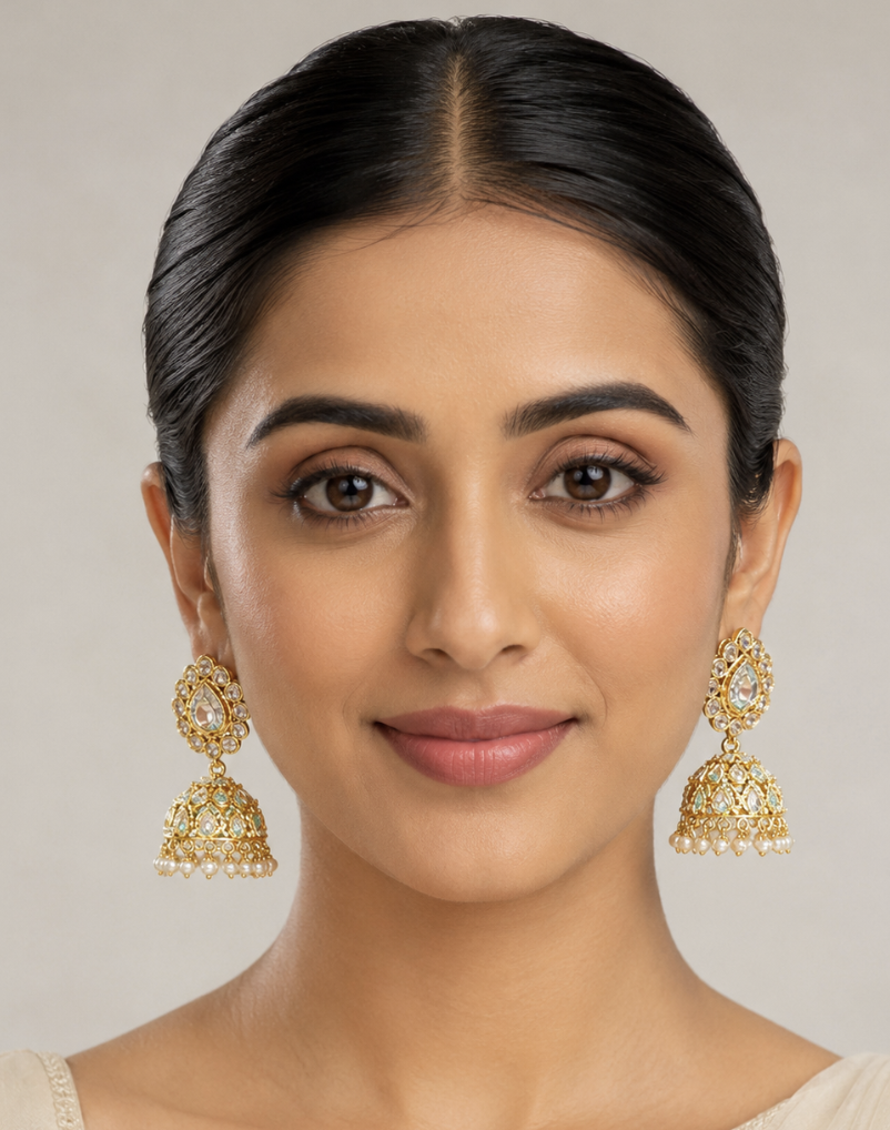 Imitation Gold-Tone Kundan Jhumka Earrings with Polki Stones & Pearl Drops — Jewellery | Lehar Clothing UAE