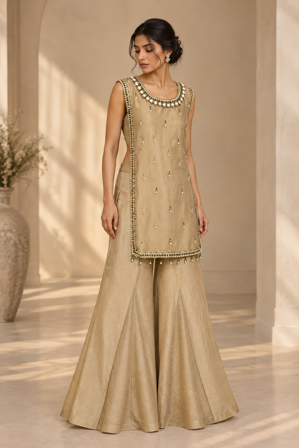 Beige Embellished Long Kurti with Flared Sharara Pants — Sharara Set | Lehar Clothing UAE