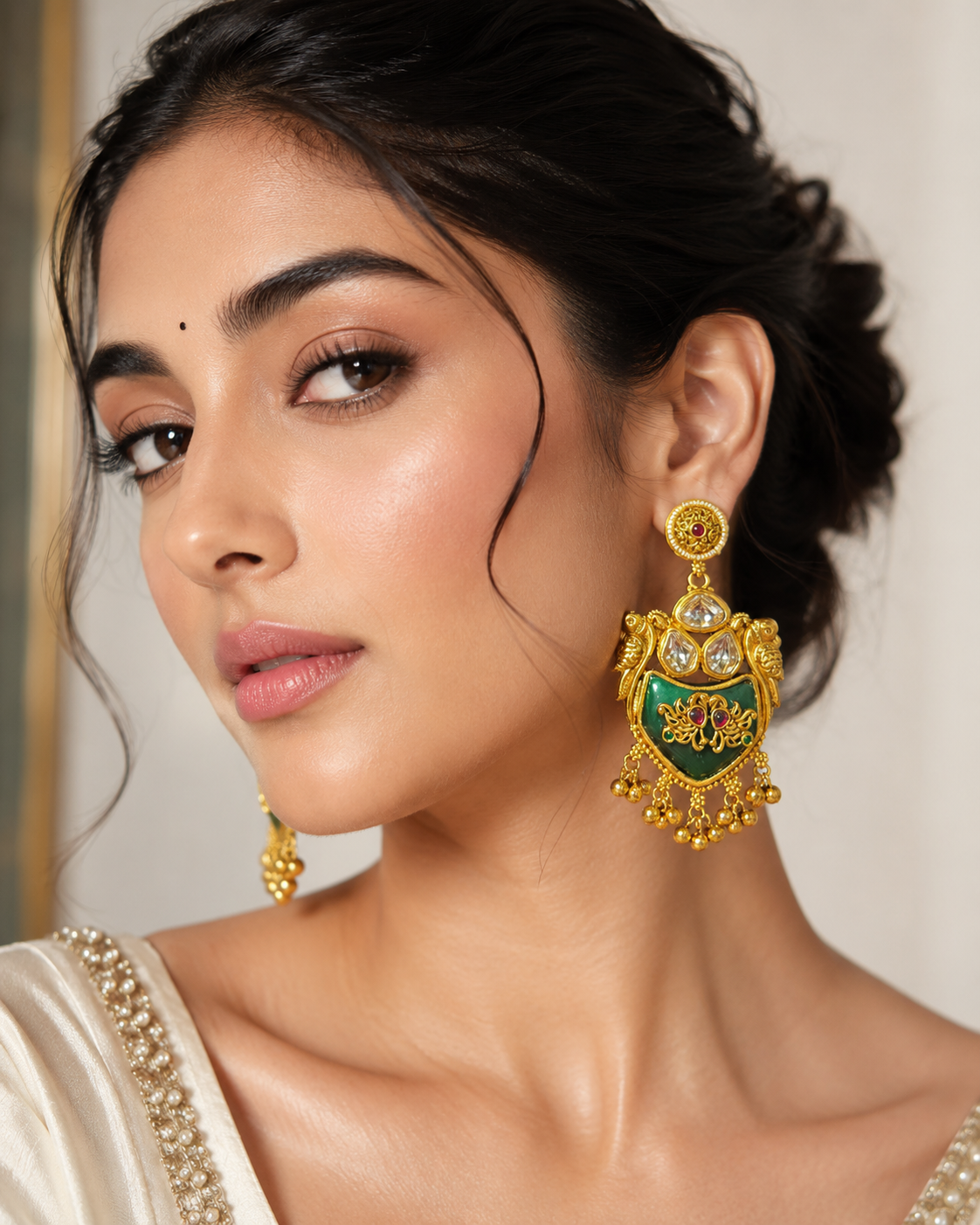 Imitation Gold-Tone Green Kundan Statement Kashir Dangler Earrings — Jewellery | Lehar Clothing UAE