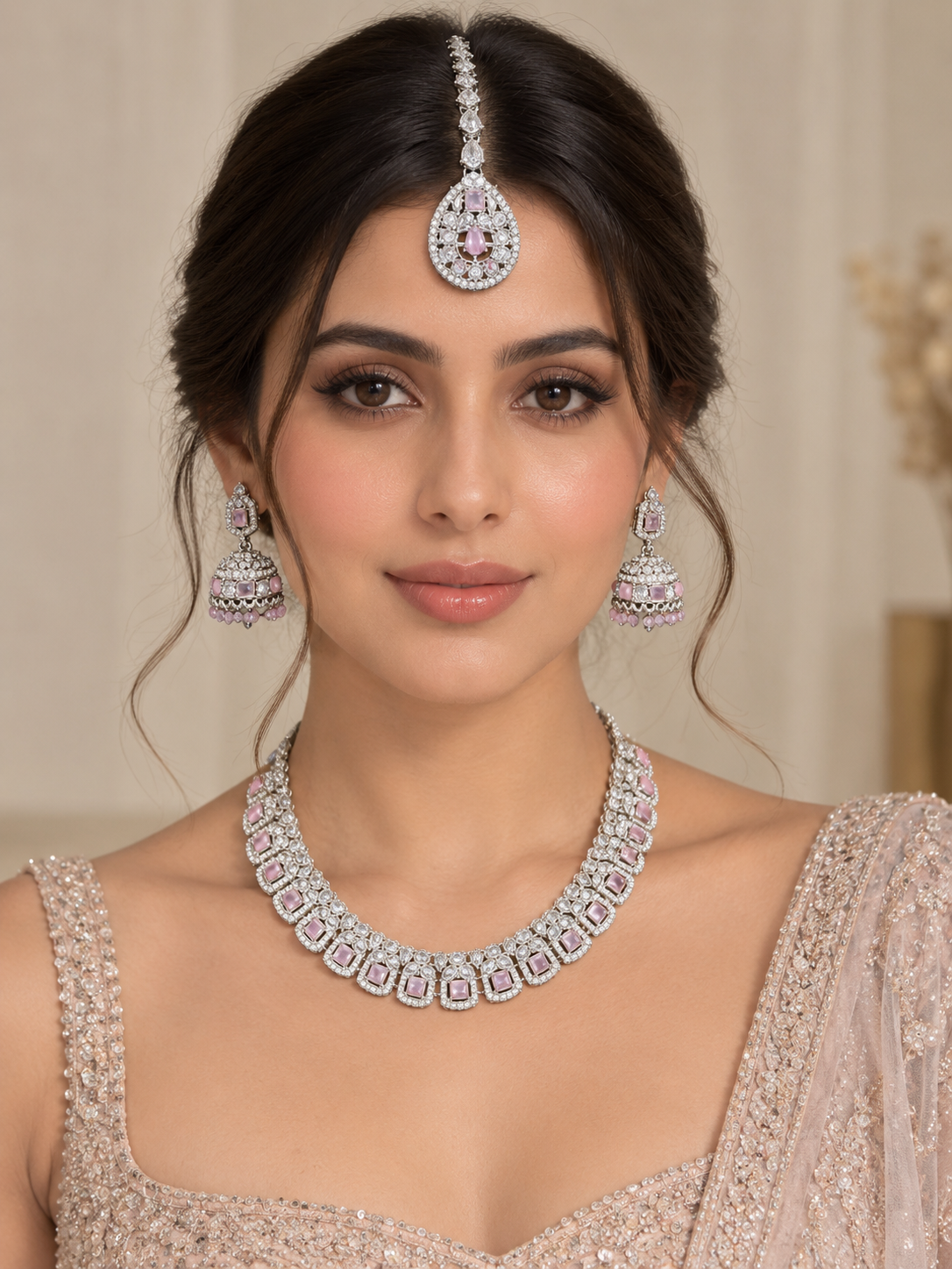 Silver-Tone Pastel Pink Stone Necklace Set with Jhumka Earrings & Maang Tikka – Indian Bridal Jewelry — Jewellery — view 2 | Lehar Clothing UAE